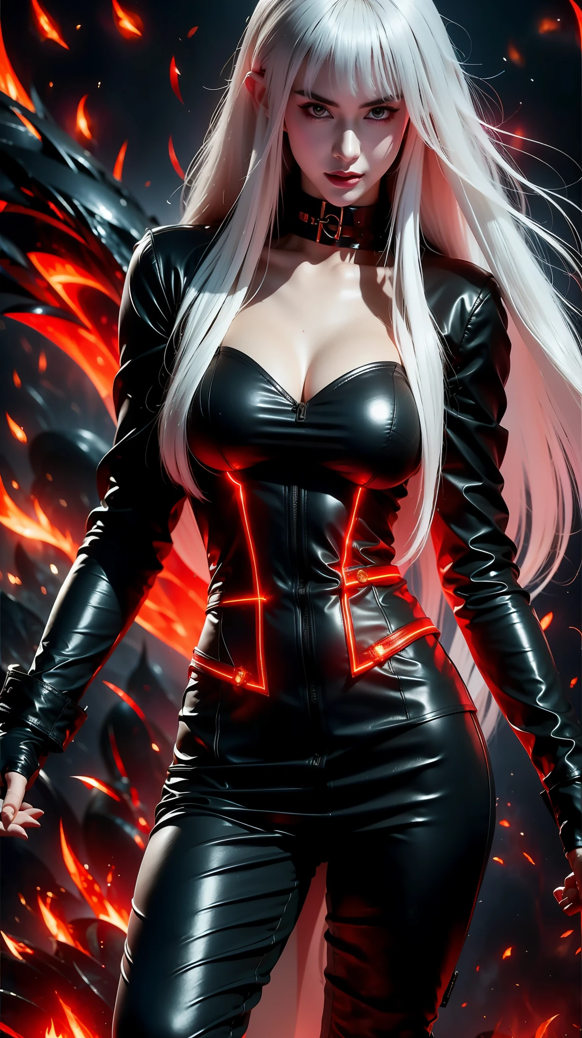 Highly detailed action figure blister packaging design featuring a solo female anime character titled "Shadow Huntress". The full-body figure is centered, with long silver or white hair, red glowing eyes, pale skin, wearing a gothic black outfit: corset top, long coat or cloak, high boots, and dark nail polish. Accessories are neatly arranged around her in designated slots: a black dagger, a sleek pistol, stylish dark sunglasses, a silver pendant necklace, and a black leather handbag. The background has a moody, atmospheric cityscape with mist and glowing embers. Packaging is sleek and collectible, with the title "SHADOW HUNTRESS" in bold, modern font at the top. Cinematic lighting, high contrast, and ethereal ambience.
