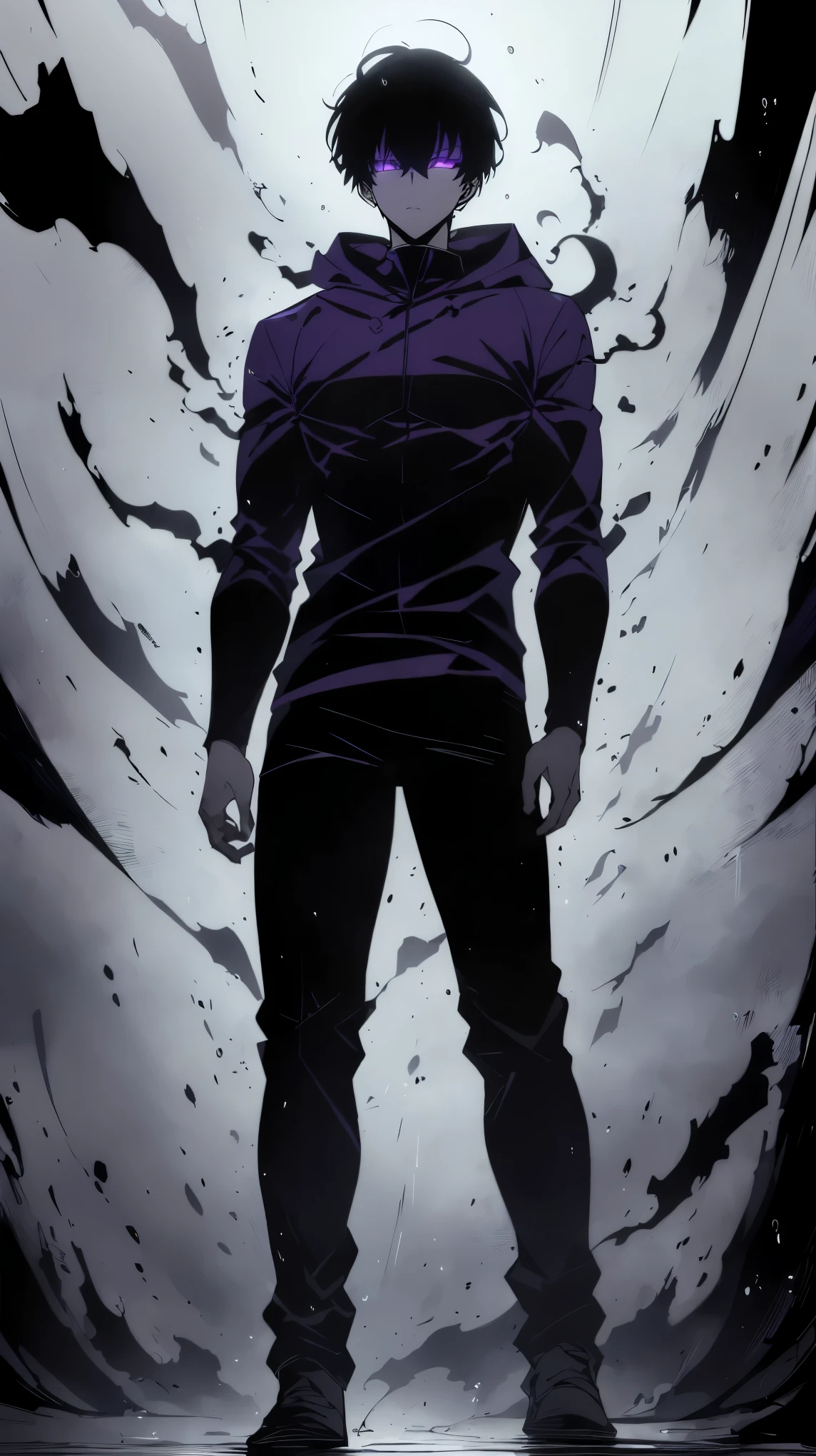 Super-detailed 8K masterpiece full-body portrait of a lone male assassin character inspired by Kaneki Ken in Tokyo Ghoul, laugh confidently, cruel, in the art style of Solo Leveling. short black hair, glowing purple eyes, pale skin , Cinema Light, Strong depth of field. Black hood, rain drenched, standing alone in dark Tokyo cityscape. Hair partially covering the face, gaze attentively looking at the viewer, somber and dramatic expression. luxurious fabric motifs on clothes, ray tracing reflection, ultra sharp detail, high contrast shadow, serene atmosphere. Solitary focus, aesthetics of the core male protagonists, anime style with a modern touch, Strong.