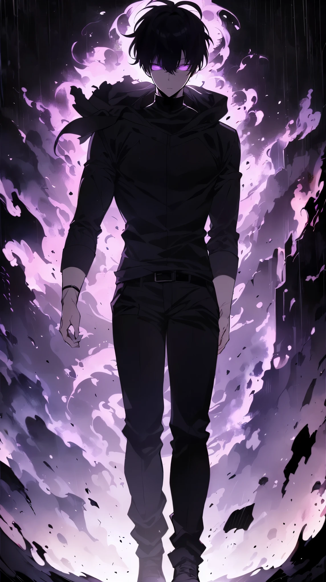 Super-detailed 8K masterpiece full-body portrait of a lone male assassin character inspired by Kaneki Ken in Tokyo Ghoul, laugh confidently, cruel, in the art style of Solo Leveling. short black hair, glowing purple eyes, pale skin , Cinema Light, Strong depth of field. Black hood, rain drenched, standing alone in dark Tokyo cityscape. Hair partially covering the face, gaze attentively looking at the viewer, somber and dramatic expression. luxurious fabric motifs on clothes, ray tracing reflection, ultra sharp detail, high contrast shadow, serene atmosphere. Solitary focus, aesthetics of the core male protagonists, anime style with a modern touch, Strong.