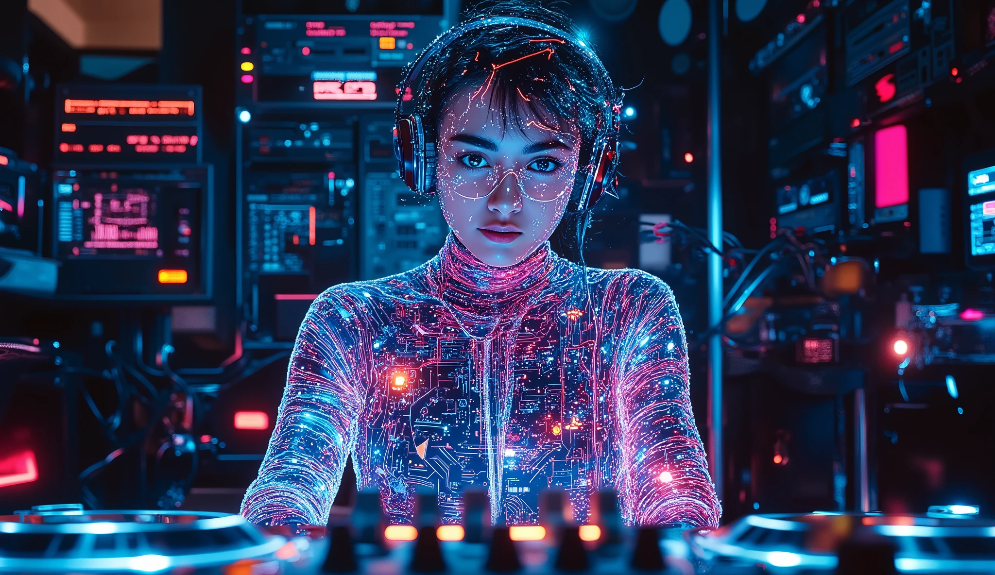 A highly detailed hologram of a music producer inside a fractal loop, hi-tech circuit board patterns bursts from synthesizers and audio-cables in chaos, in a macro microscopic view of audio signal. Extremely detailed, photorealistic vintage photo (mild grain), 1 dj woman sharp focus, humid, realistic texture, 8k, uhd, pristine quality, breathtaking hd digital art. Award Winning, Retina, Textured Skin, Multiple Views, From Above, Depth Of Field, Diffraction Spikes, Chromatic Aberration Abuse, 3D Rendering, busty plump muscle Dj woman,