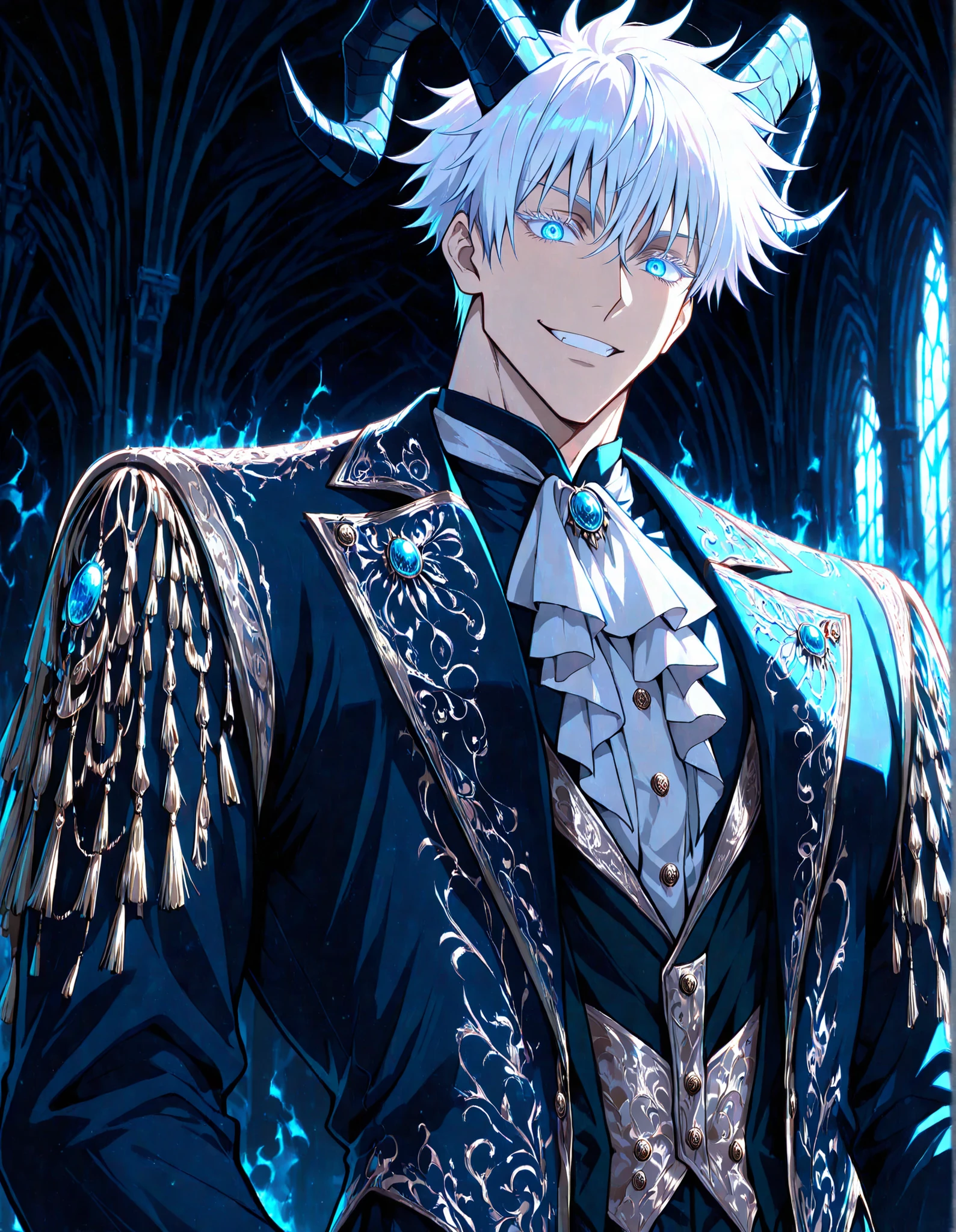 (masterpiece, best quality, highly detailed, mature) male, solo, 1man,adult, male focus, smile, gojou satoru, jujutsu kaisen, blue eyes, white hair, short hair, sexy man, handsome face, colored eyelashes, handsome face, beautiful face, beautiful colors, medium shot, victorian clothes, aristocrat, royal clothes, dark blue accent, indigo colored, indoors, serious, Egoat horns, white hair, horizontal pupils, beautiful male, dark background, night, Grinning, View from below,Enchanted eyelashes, delicate, style, Anime, digital painting, soft shading, fantasy, Neon Pastel, Ethereal Art, UHD, best quality, high detail , dark aura glowing