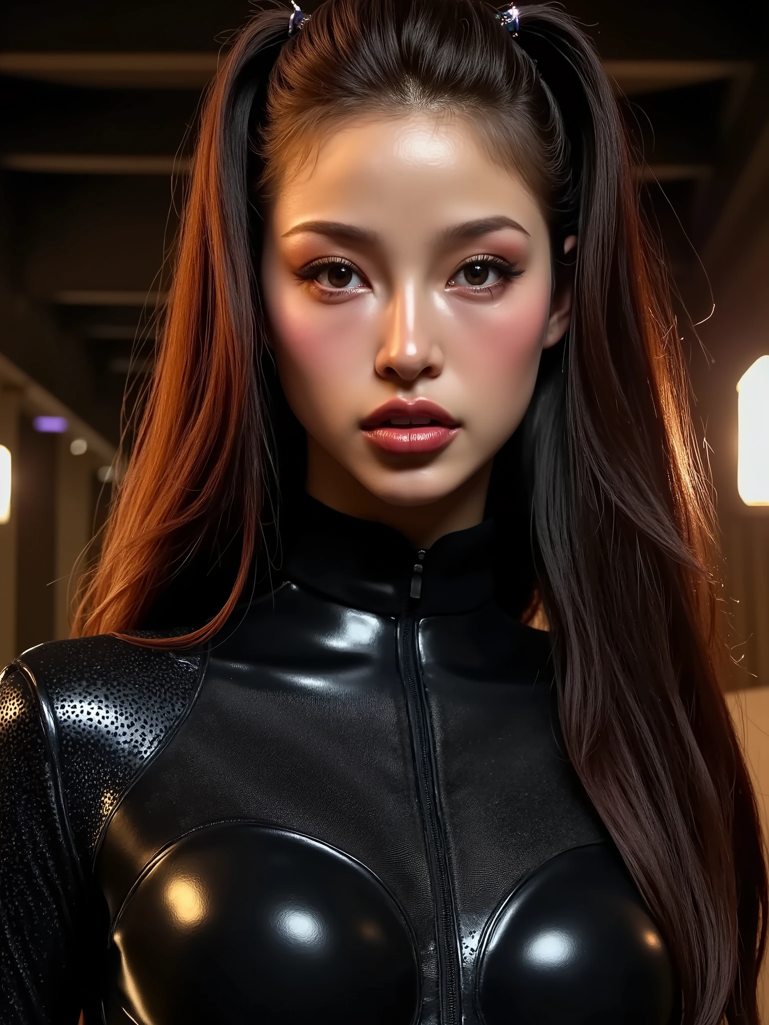 A portrait of a woman, (makeup:1.4), amazing body, (fit body:1.2), latex outfit, highly detailed fur, natural skin texture, 4k textures, detailed belly, Highly detailed perfect smooth skin, Lightroom, Intricate, Ultra-Realistic, Out There, (HDR:1.3), UHD, (Intricate Detail, Hyper-Detailed:1.1), Cinematic, Photoreal, (Dark Shot:1.2), Dramatic, High Contrast, (Warm Color:1.1) , muted colors, master piece, elegant, sharp focus,