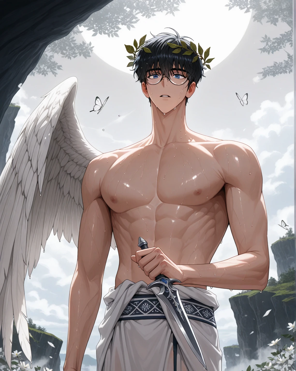 ((An elegant and sexy muscular young adult male who is themed like owl, with owl like orange eyes and owl wings wearing forest guardian erotic outfit)), (he is the guardian of the magic forest)), NSFW, hentai, ((half naked lewd)), ((cuntboy:0.2)), ((body covered in feathers)), ((visible detailed well drawn hairy pussy of cuntboy)),