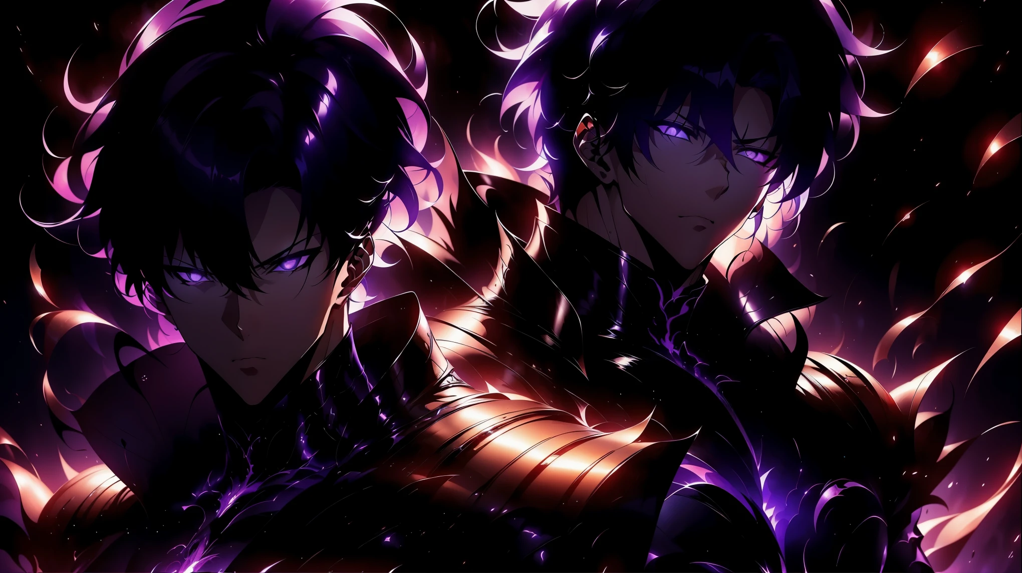 Super-detailed 8K masterpiece full-body portrait of a lone male assassin character inspired by Kaneki Ken in Tokyo Ghoul, laugh confidently, cruel, in the art style of Solo Leveling. short black hair, glowing purple eyes, pale skin , Cinema Light, Strong depth of field. Black hood, rain drenched, standing alone in dark Tokyo cityscape. Hair partially covering the face, gaze attentively looking at the viewer, somber and dramatic expression. luxurious fabric motifs on clothes, ray tracing reflection, ultra sharp detail, high contrast shadow, serene atmosphere. Solitary focus, aesthetics of the core male protagonists, anime style with a modern touch, Strong.