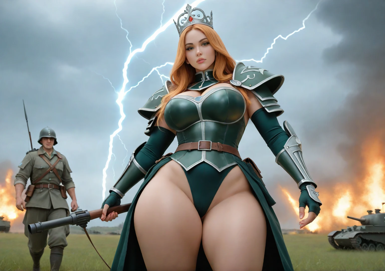 Close up of Dwarven woman standingspreadeagle, orange hair, maroon armor with gold trim, heavy armor, chubby cheeks, green eyes, freckles on cheeks, (freckles on top of breasts), freckles on legs, underground, large cavern, carved stone walls, underground waterfall, underground, interior. Show her chained up in a dungeon, standingspreadeagle, arms spread with iron chains, legs chained. super high quality, super high detail, masterpiece, 4k, 8k, HDR, masters of the universe, vibrant colors, dark shadows, dim lighting, 3DMM
