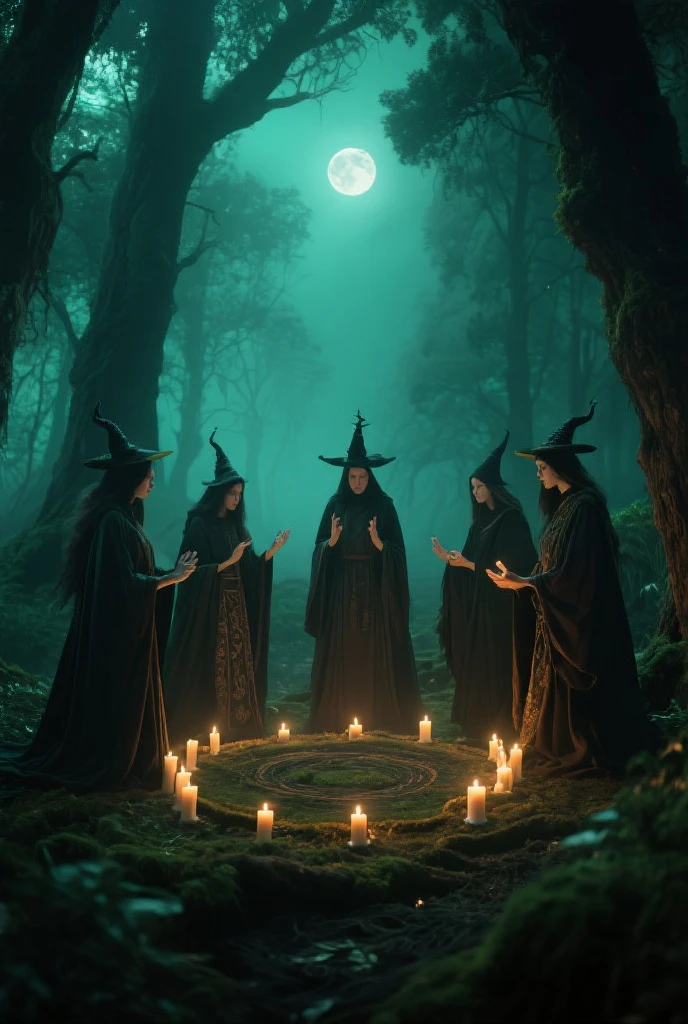 a witch woman inside a pentagram circle who together with a demon are carrying out a ritual to evoke evil spirits