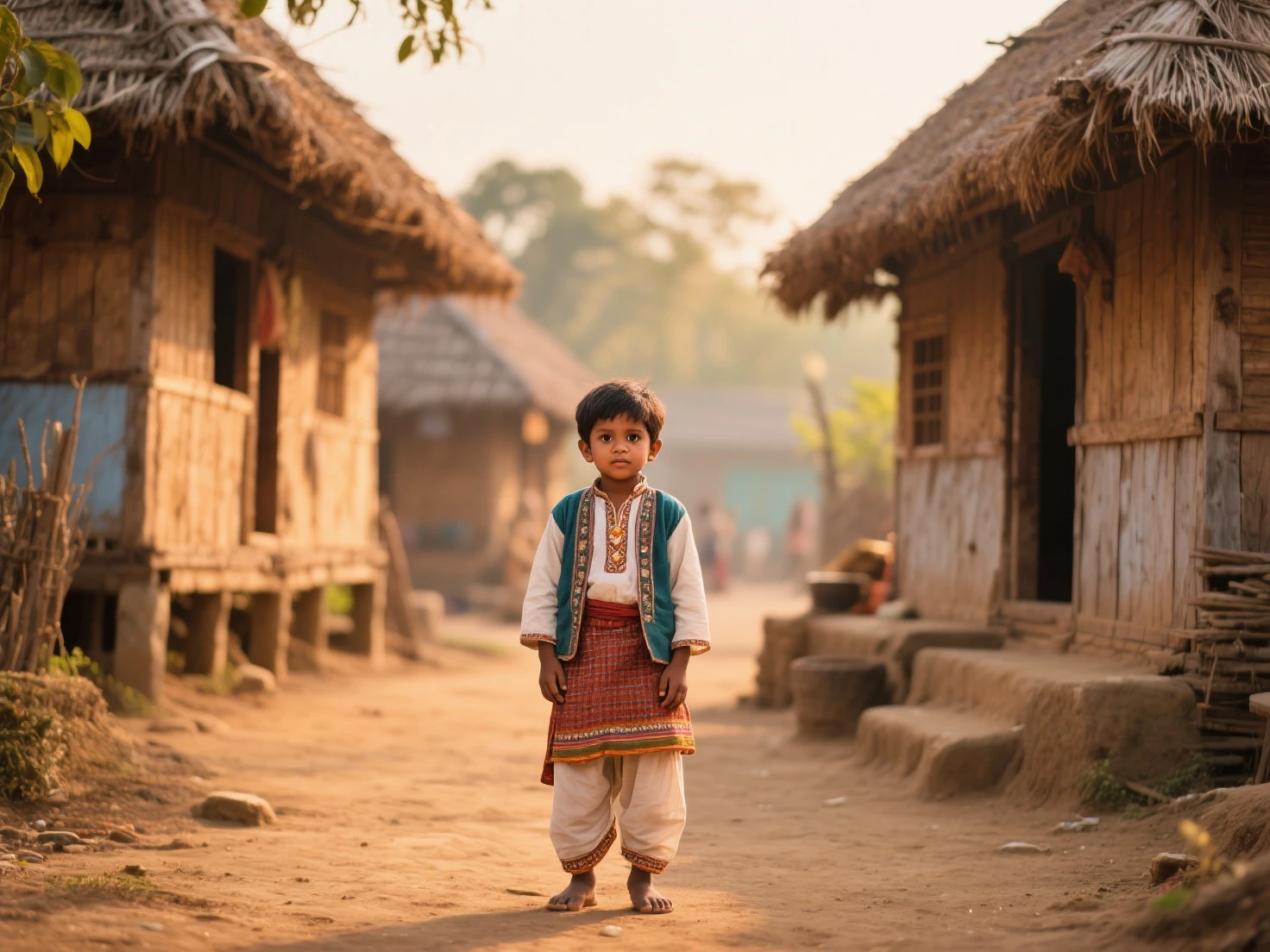 Village from ancient Ternate island, Maluku, Indonesia, a young children in ancient Ternate clothing is walking while holding a spear and wear a red traditional Ternate turban, there is no peoples, hyper realistic, masterpiece, best quality, ultra-detailed, UHD, 64K