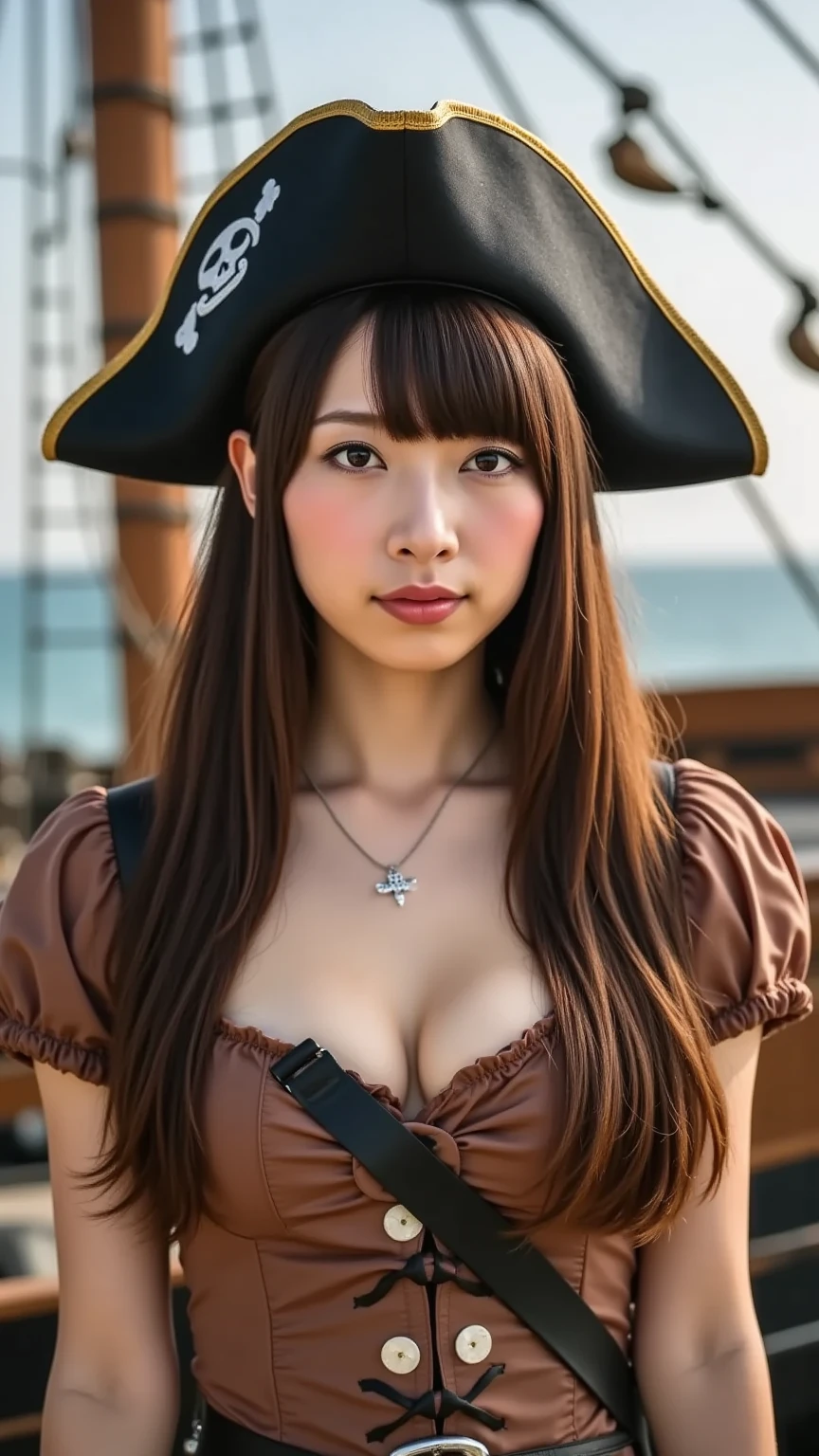 highest quality,best image,Japanese,big breasts,long brown hair,beautiful girl,smile,pirate clothes