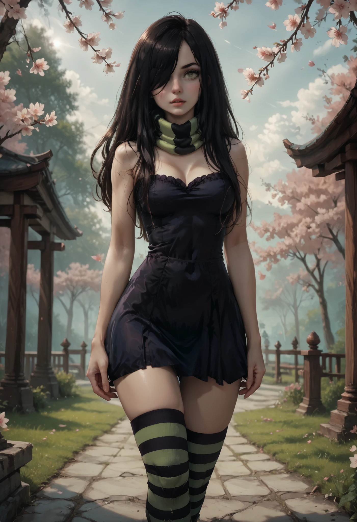 score_9_up, score_8_up, score_7_up, score_6_up, source_anime, 1girl, staring ahead, looking at viewer, highly detailed, beautiful background, beautiful art, beautiful lighting, long slim legs, Fitness model, zal, (SuperQuality:1.0), ariawm, fit skinny girl, micro stripped pantie, hair over one eye, long black hair, green eyes, pale skin, stripped scarf, stripped thighhighs, heavy boots, walk under cherry blossom trees, blossom leafs in air, accurate hands and fingers, small black dress