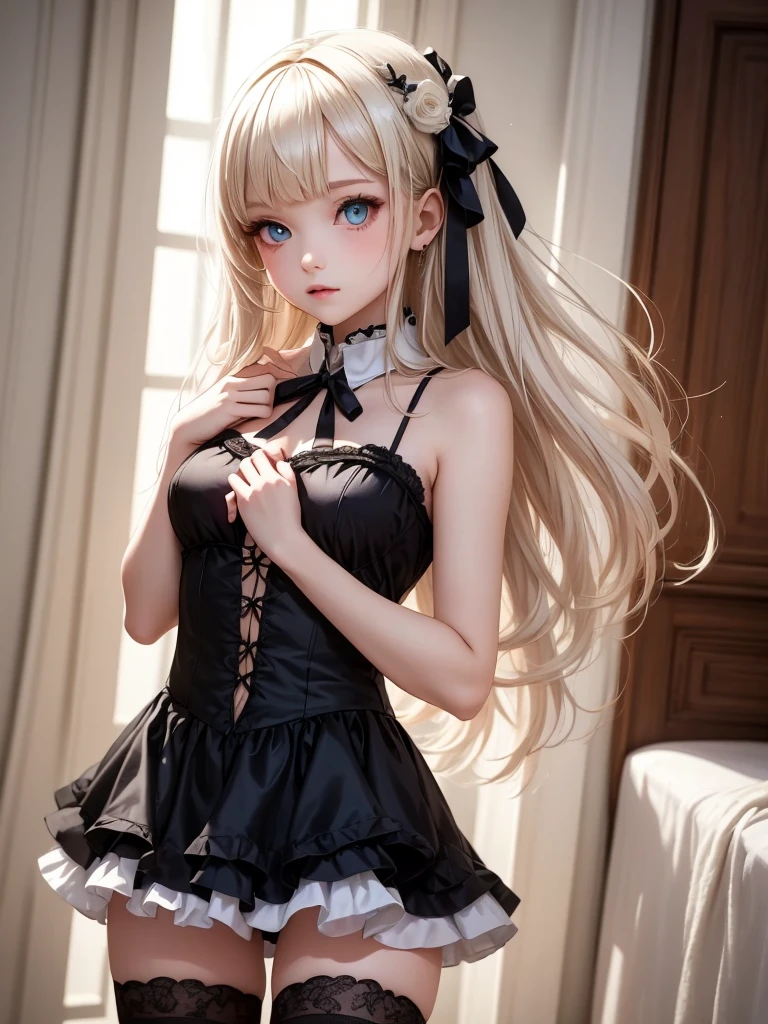 (((Petite girl with blonde twin tails))),((Light Blue Silk Off Shoulder Gothic Dress)),1girl in,(masutepiece), (Best Quality), (Best Detail),, ((())), Very detailed face, , Night , shading ,(((kosmos))),((())),(((below from))),(())),,(((milkyway,fullmoon))),((())),()),(((panty shot))),((piece sign)))