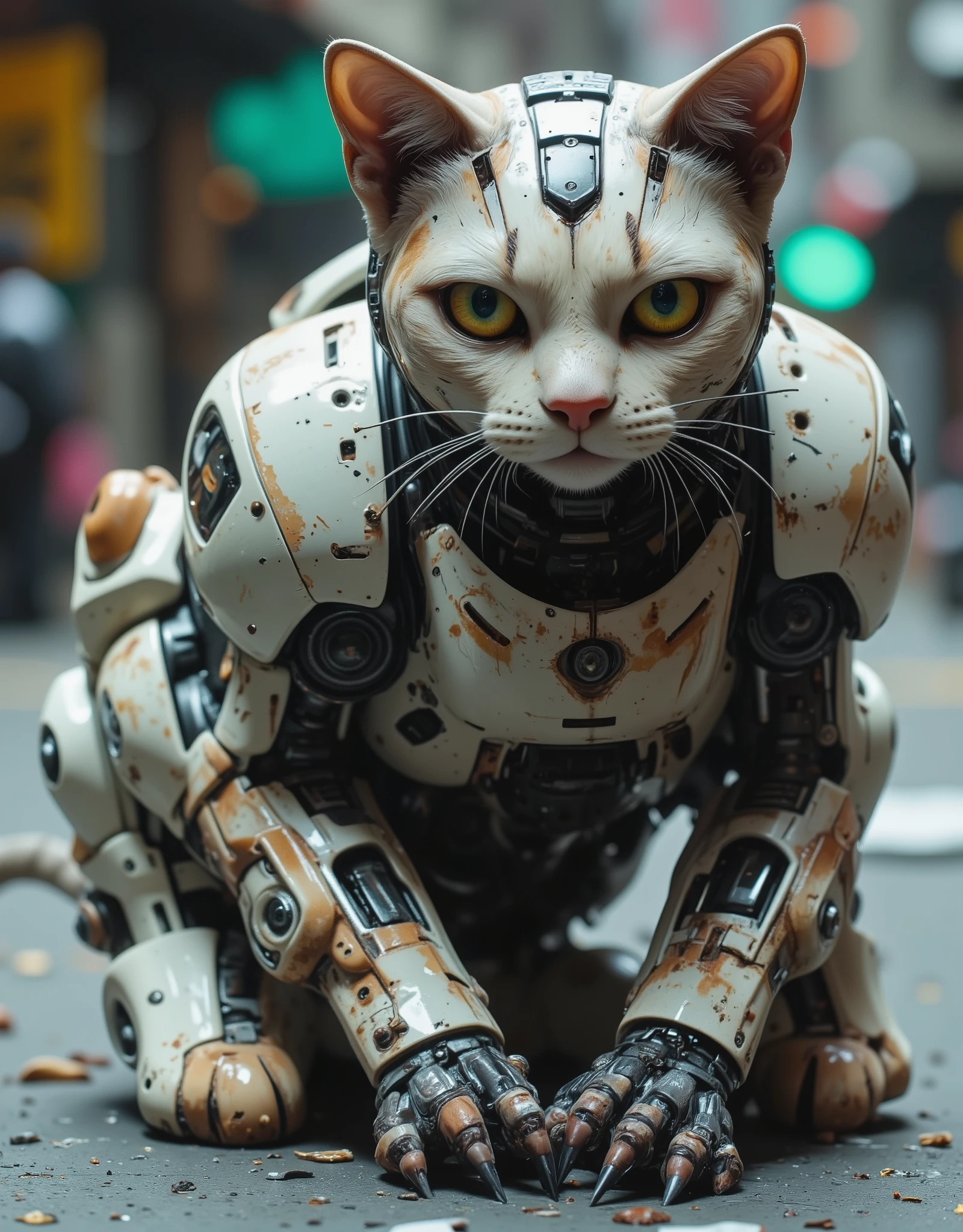 A rusty, damaged old robot cat