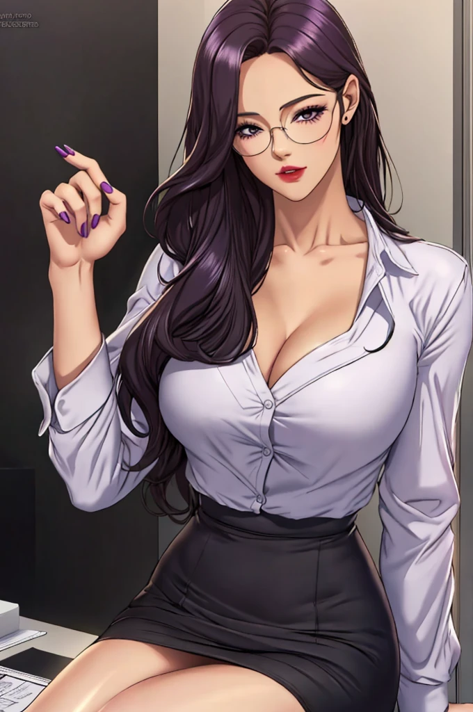masterpiece,best quality,masterpiece,highres,absurdres,extremely detailed wallpaper,game cg,(extremely detailed CG:1.2),comic,artbook, ro_mt,glasses,purple hair,office lady,business_suit,blazer,white shirt,skirt_suit,pencil skirt,collared_shirt,dress_shirt,rimless_eyewear, 1girl,(long face:1.2),(slender face:1.2),solo,looking_at_viewer,black eyes,jewelry,red_shiny_lips,eyelashes,(smile:0.8),looking_at_screen,mature female,purple eyes,blush,collarbone,black nails,indoors,upper body,nail polish,sitting_on_table,