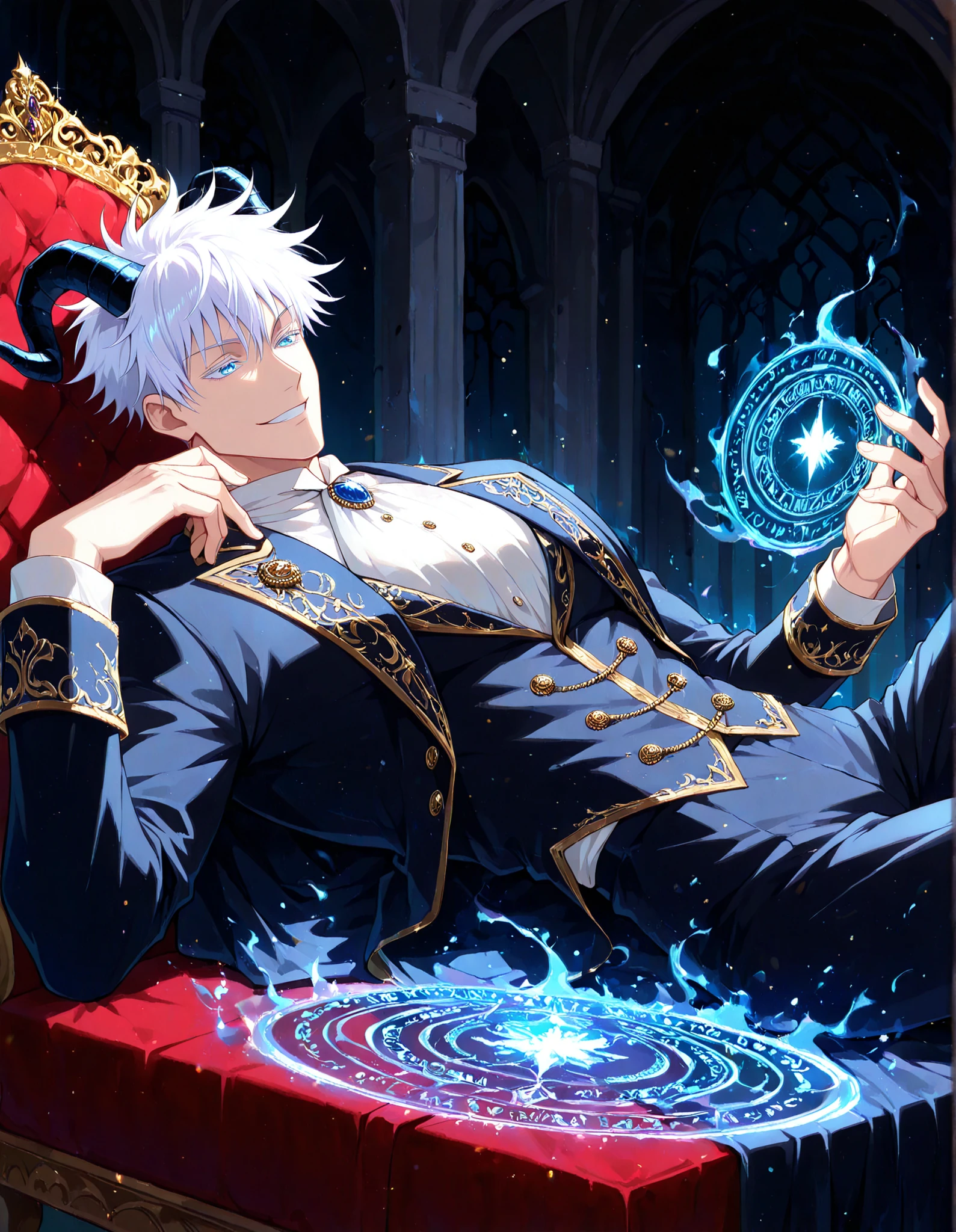 (masterpiece, best quality, highly detailed, mature) male, solo, 1man,adult, male focus, gojou satoru, jujutsu kaisen, blue eyes, white hair, short hair, sexy man, handsome face, colored eyelashes, handsome face, beautiful face, beautiful colors, medium shot, victorian clothes, aristocrat, royal clothes, dark blue accent, indigo colored, indoors, serious, Egoat horns, white hair, horizontal pupils, beautiful male, dark background, night, Grinning, View from below,Enchanted eyelashes, delicate, style, Anime, digital painting, soft shading, fantasy, Neon Pastel, Ethereal Art, UHD, best quality, high detail , dark aura glowing, dynamic pose, lying, lying bored in his throne, bored facial expression, castle interior, luxurious, glittering, shiny, sparkling, magical, particles, dark atmosphere, magical aura, playing with magic circle,
