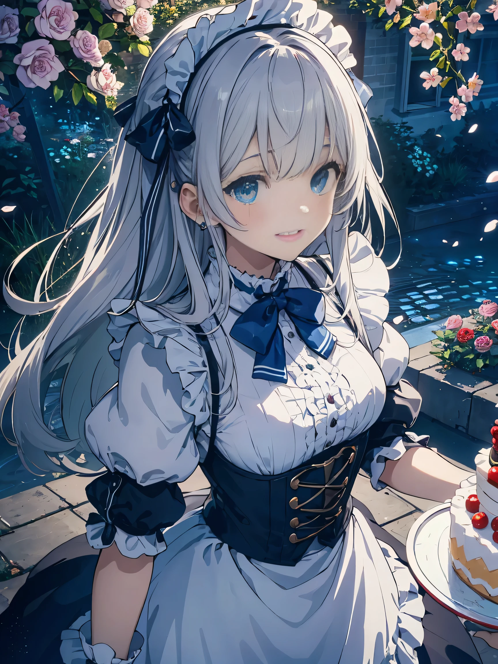 (score_9, score_8_up, score_7_up), source_Anime, absurd_res, white, blue, black, 1girl, solo, upper body, super fine illustration, an extremely delicate and beautiful, best quality, masterpiece, 8K, celebration setting, long silver hair:1.3, two side up:1.2, blue eyes, hair ribbon with blue, french maid uniform, maid headdress, open clothes, white frilled chichi-bukuro, deep royal blue neck bow with ruby jewelry, ample breasts, open clotch, smile:1.3, happy:1.3, Joyful:1.3, embarrassed reaction, have a Whole cake:1.3, looking viewers, dynamic pose, contrapposto pose, soft fabric movement, fluttering petals, standing by the victorian garden with flowers, beautiful detailed sky, warm and bright atmosphere, soft lighting, delicate color palette, detailed clothing folds, flowing hair, lively Walpurgis night vibe, highly detailed rendering, breathtaking composition,