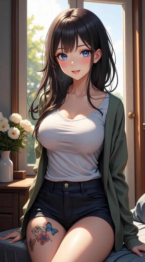 (masterpiece, computer, mejor quality, Clear focus, shadow, anime style, Ultra High Resolution, 8K, perfect anatomy, rostro perfecto, (detailed face), ( Detailed eye ), score_9, score_8_up, score_7_up, score_6_up, score_5_up, score_4_up, source _Animated, Label 1, Label2, quality_masterpiece, Anatomically Correct, beautiful face, rostro perfecto, Beautiful and highly detailed face and eyes, Attractive face, detailed face, delicate facial features, detailed leather, pechos enormes, breast size cup D or DD, caderas anchas, gigantic butt texture, thick thighs. Anime style illustration with a sensual and attractive appearance, } posing in a room illuminated by natural light from a window. has long hair, black smooth, with bangs on the forehead . His eyes are big, expressive and blue. He wears a tight white t-shirt that marks his figure, high-rise black shorts, and a light jacket of the same color with a hood on. His facial expression is sweet and slightly thoughtful, tender with blushed cheeks. It has several visible tattoos on the thighs: one with butterflies, another with detailed floral elements. The scene is set in a homely interior, with a bed, a nightstand and flowers in a vase in the background. Detailed artistic style , sombreado suave, warm lighting.