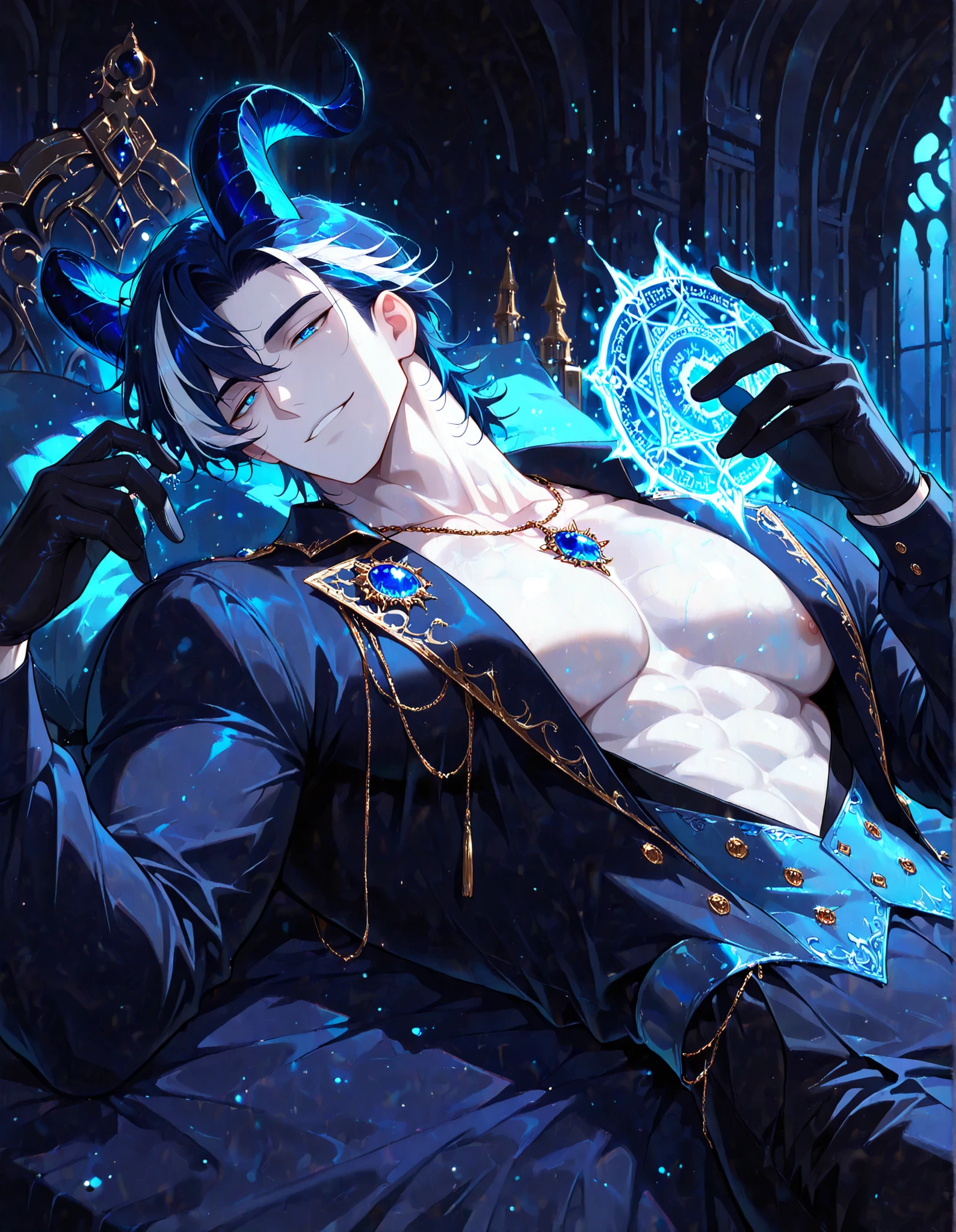 (masterpiece, best quality, highly detailed, mature) male, solo, 1 man, solo, male focus, (streaked hair:1.5), dark blue hair, blue hair, short hair, blue eyes, necklaces, sexy man, handsome, solo, mature, handsome, sensual, pale skin, lean, muscular, cool, black gloves, victorian clothes, aristocrat, royal clothes, dark blue accent, indigo colored, indoors, serious, Egoat horns, white hair, horizontal pupils, beautiful male, dark background, night, Grinning, View from below,Enchanted eyelashes, delicate, style, Anime, digital painting, soft shading, fantasy, Neon Pastel, Ethereal Art, UHD, best quality, high detail , dark aura glowing, lying on his back, in bed, bored facial expression, castle interior, luxurious, glittering, shiny, sparkling, magical, particles, dark atmosphere, magical aura, playing with magic circle,