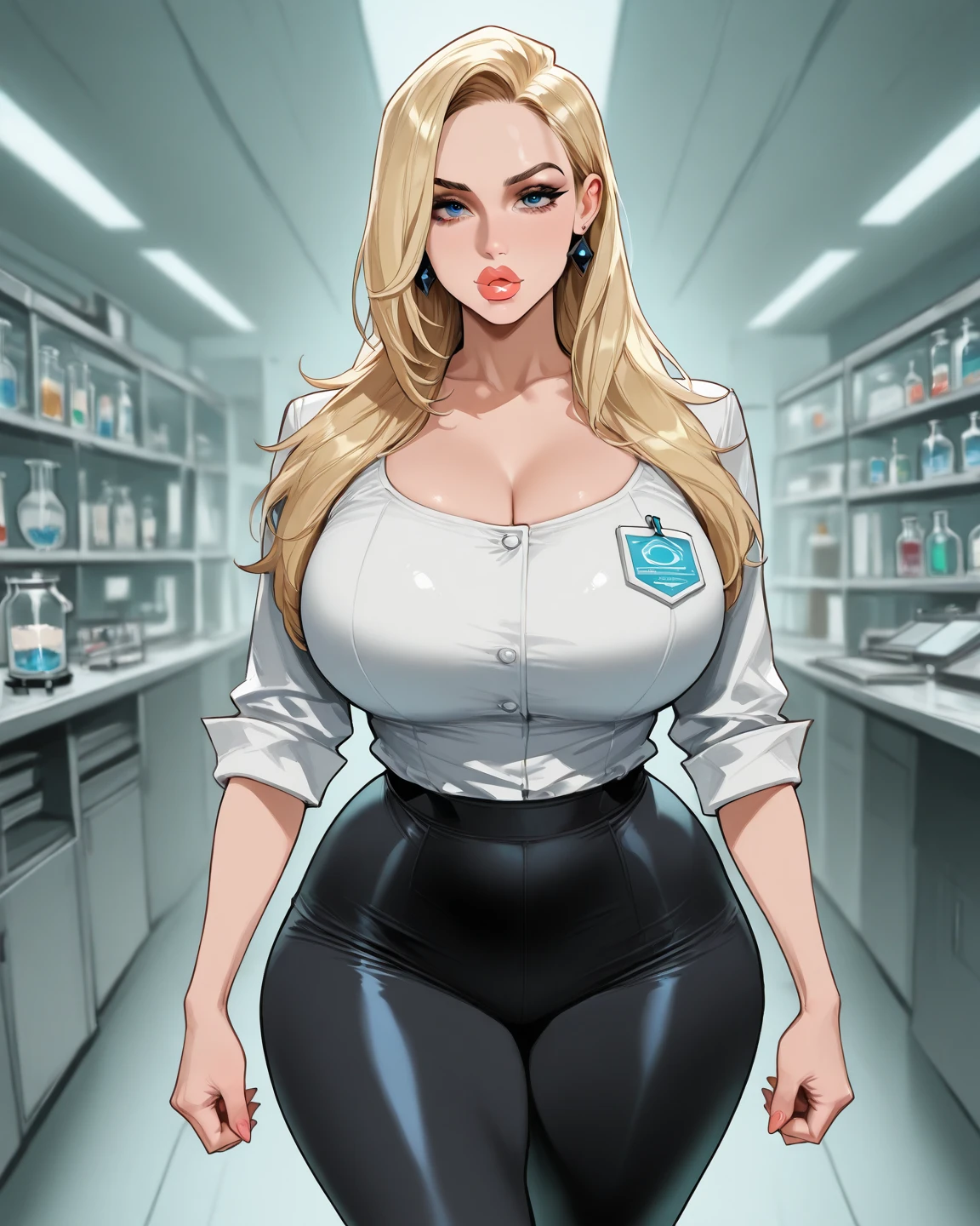 Silvia Saint huge breasts white hair attractive face parted lips thick lips wearing lab coat and shirt and glasses in lab