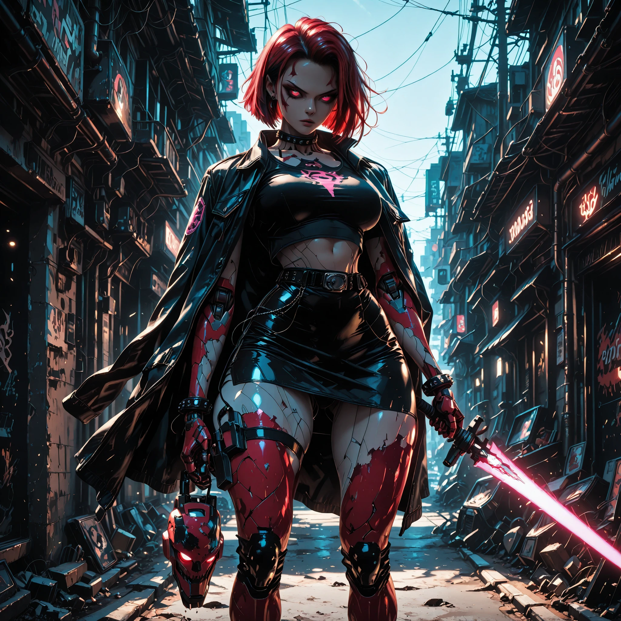 Very beautiful injured female robot, dressed as a fighter, with a big energy sword in her hands, big breasts. eyes glow like an android, body parts mechanized damaged masterpiece,best quality,ultra detailed,1woman,goth punk,tomboy,red hair,short hair,two-tone hair,oversized crop top,bombshell body,small breasts,wide hips,tight suits skirt,jacket on shoulders,studded collar,studded bracelet,junk street,Holding a small robot, the robot is shorting out,