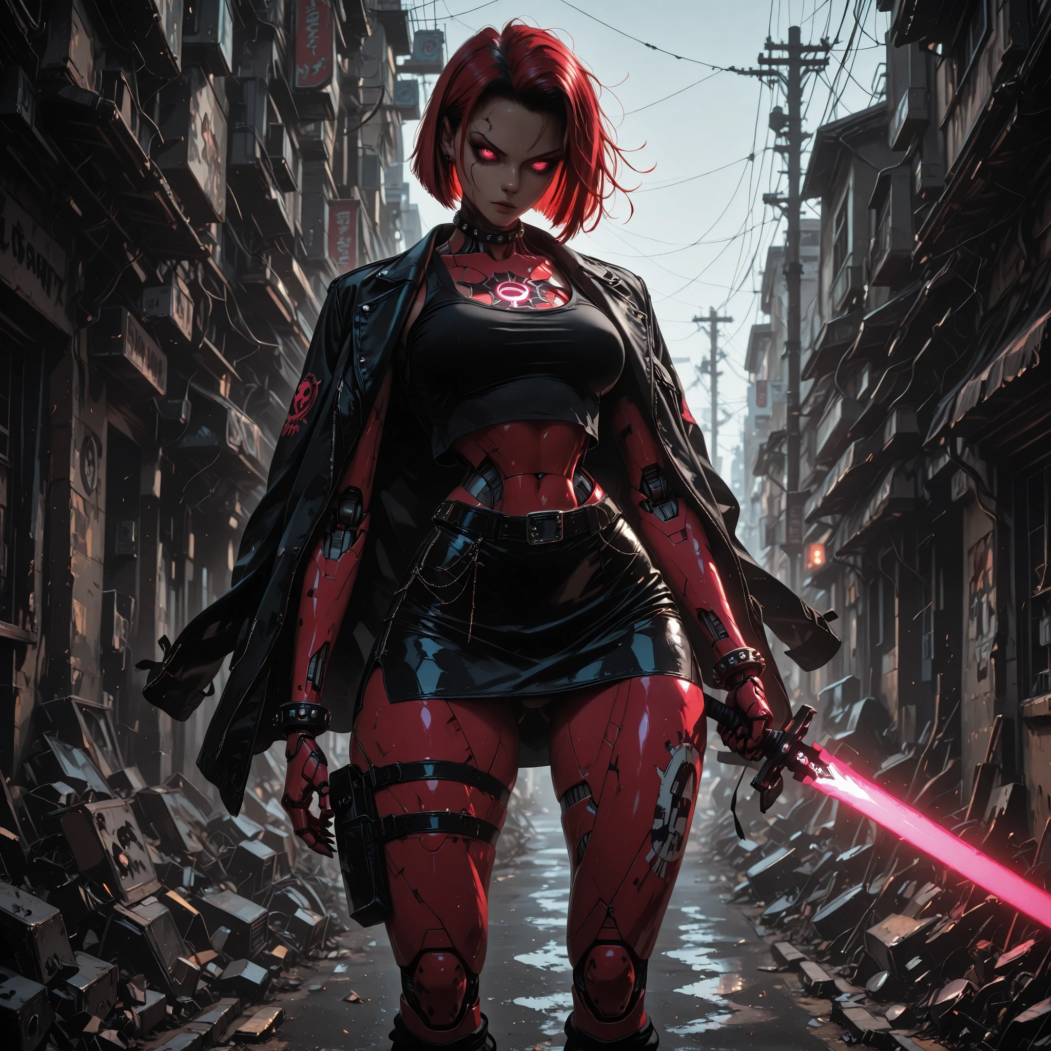 Very beautiful injured female robot, dressed as a fighter, with a big energy sword in her hands, big breasts. eyes glow like an android, body parts mechanized damaged masterpiece,best quality,ultra detailed,1woman,goth punk,tomboy,red hair,short hair,two-tone hair,oversized crop top,bombshell body,small breasts,wide hips,tight suits skirt,jacket on shoulders,studded collar,studded bracelet,junk street,Holding a small robot, the robot is shorting out,