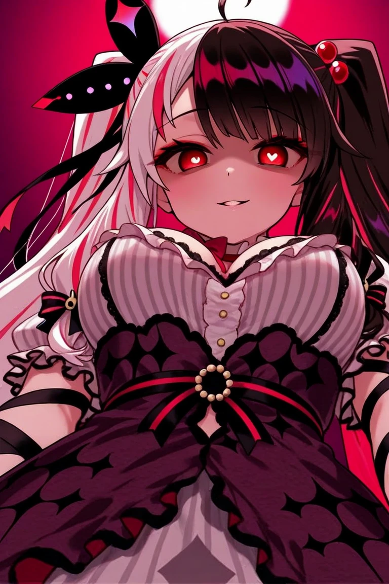 anime girl with pink eyes and long white hair in a dark room, evil smile and glowing eyes, with red glowing eyes, with glowing eyes, with glowing red eyes, [[[[grinning evily]]]], glowing eyes everywhere, malevolent smile, evil grin, evil smile, anime monster girl, demon anime girl, yandere intricate