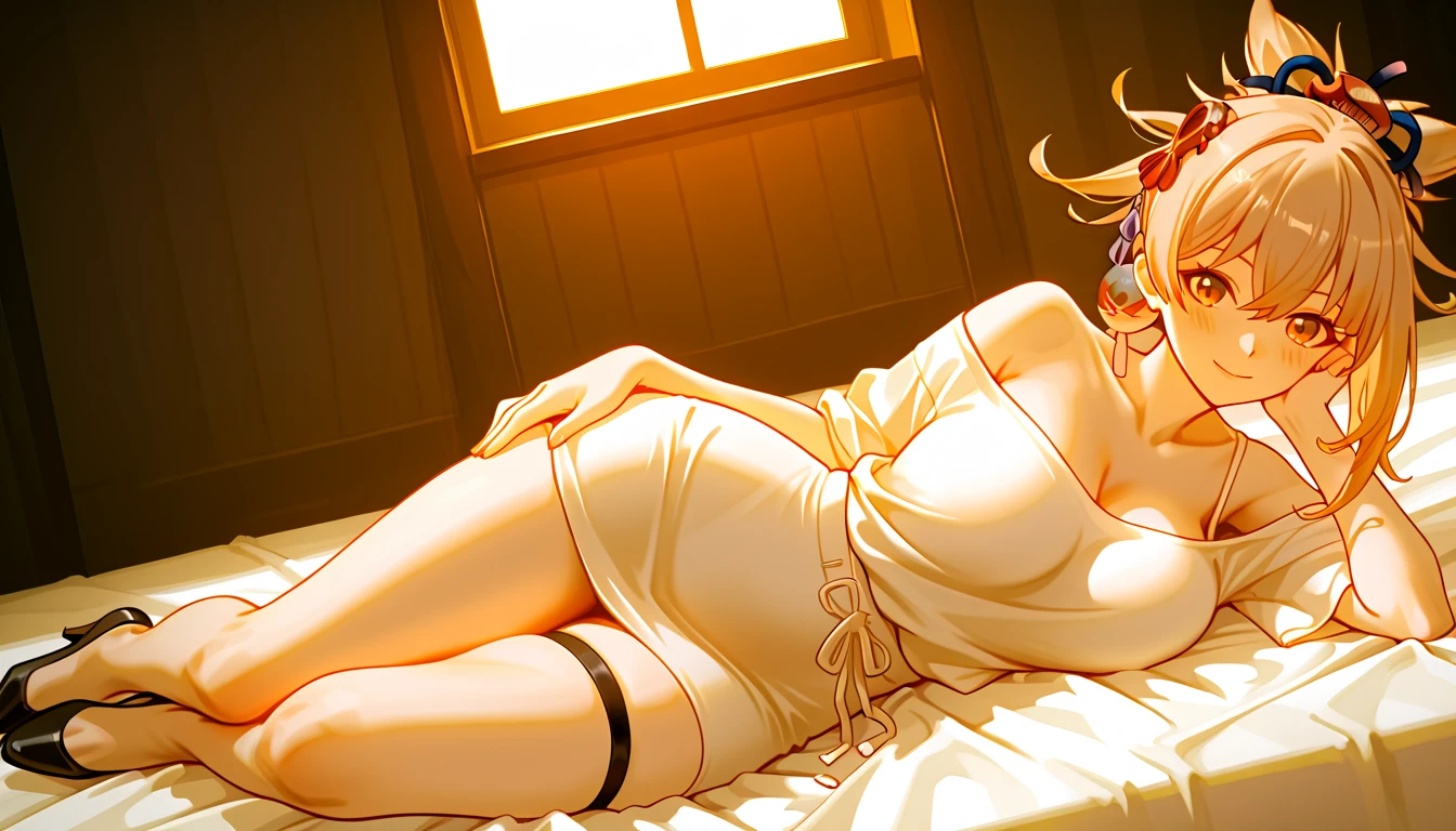 slingshot bikini, unrealistic, (( Camel toe)), ((((translucent bikini)))), ((((translucent)))), ((((transparent)))), (((transparent clothing))), Full body view, Look toward the camera, ((Life-size pillow)), ((dakimakura)), the best, masterpiece, high resolution, (从头到脚的Full body view), Composed from the front and slightly below, symmetry, 18 years old, Slim beautiful girl, Solitary, ((Big plump breasts)), (No shoes),Messy Brown Hair, Bangs, (Black pantyhose), (Black pantyhose), (Spread your legs on the bed), arms tied behind back, (Works Display White), (her legs are open、I can see white.), blush, Shy big eyes, looking at camera, suit, Plaid pleated skirt