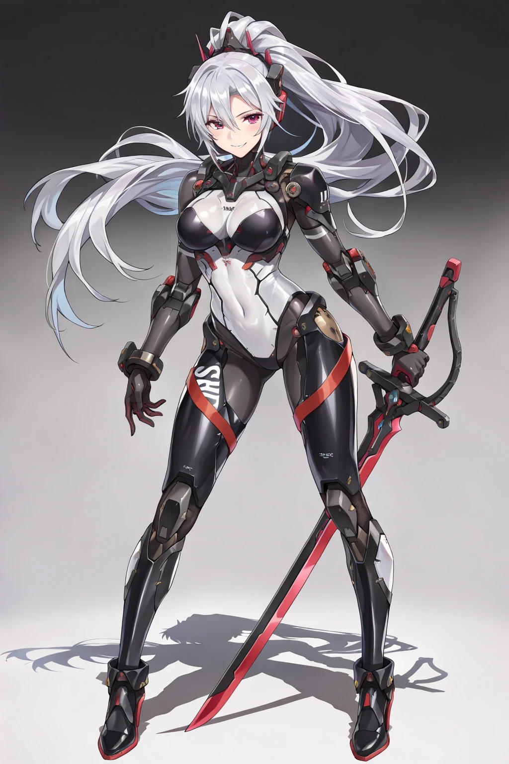 Masterpiece: 1.3), (Maximum resolution: 1.2), (Ultra HDTV: 1.2), Cinema light, Ultra HDTV, (Detailed eyes and skin), (Detailed facial features), HDR, 8k resolution, Sharp Focus: 1.2, Perfect style, beautiful face, accurate, anatomically correct, archer futuristic knight, black and white. full body, anime style mecha, bow and arrow, simple knight design, black and white, full body shot, armed with bow and arrow full body picture, fully armored, futuristic armor, with bow.