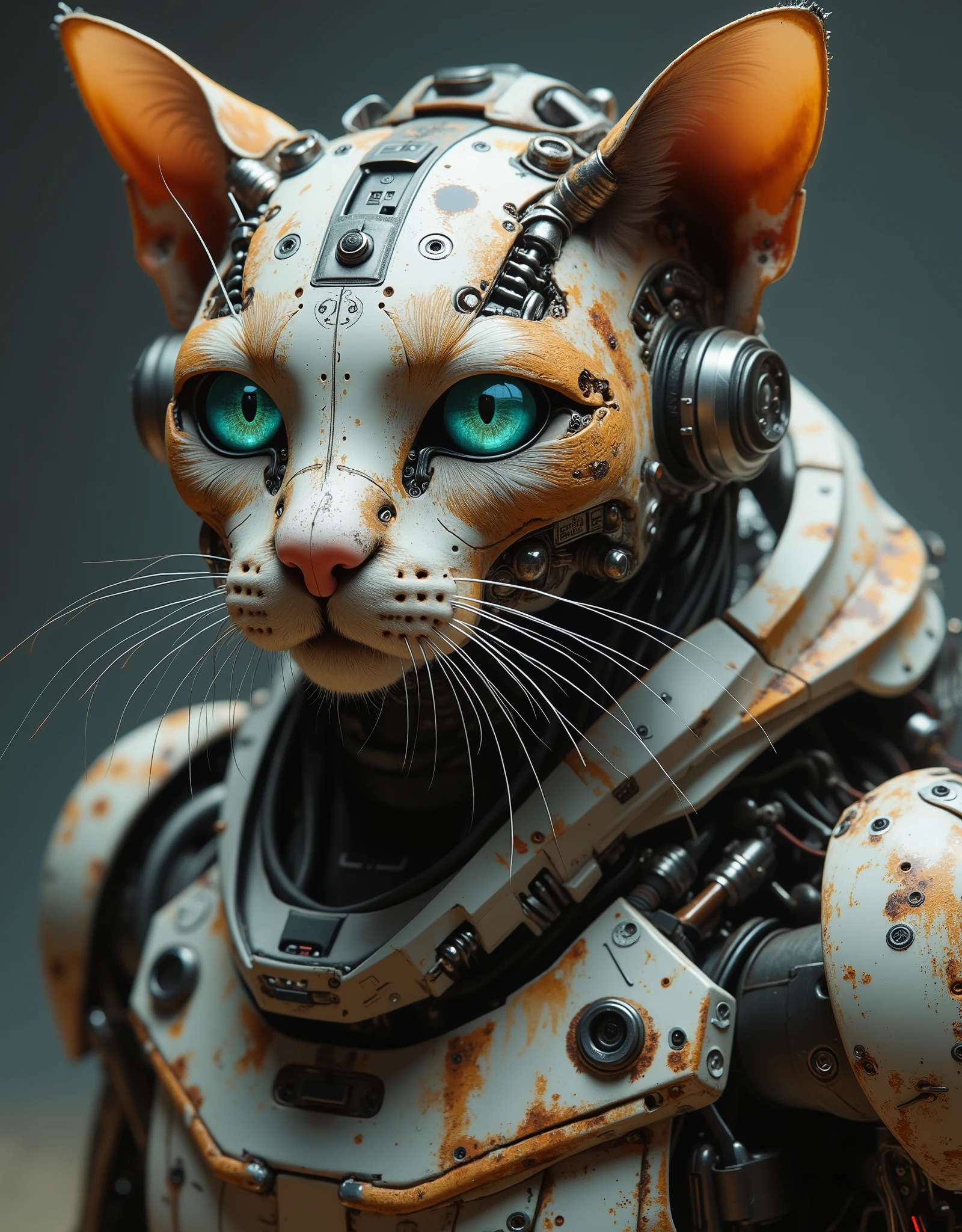 A rusty, damaged old robot cat