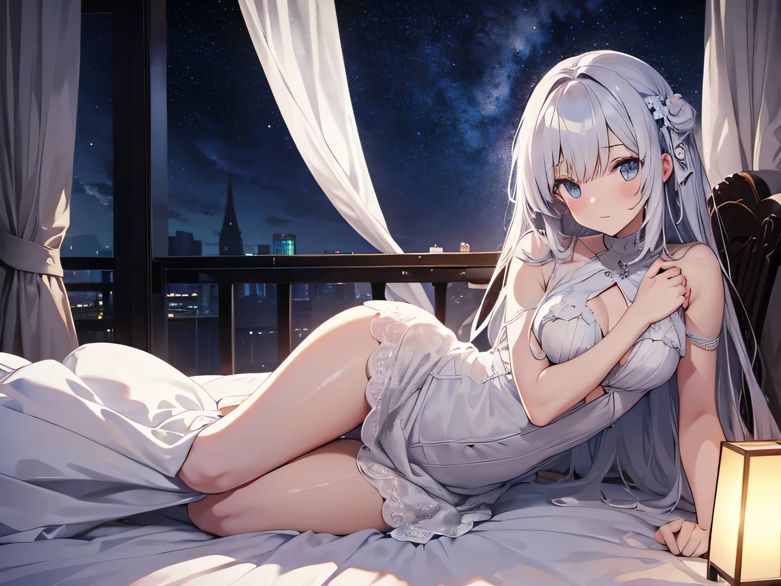 White Hair、Pink Eyes、Short Hair、laughing、Only one girl、alone、Cute、Face is close、Night、Lying in bed