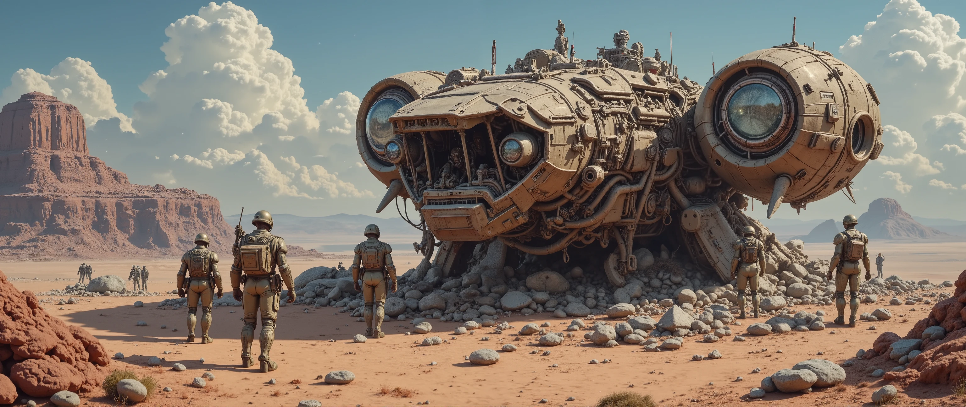 epic oil painting  , 16 thousand.,  artistic masterpiece ,   correct human anatomy,  Fantasy zone , science fiction, 3000 years old , a very futuristic landscape with broken destroyed fantastic military devices and mechanisms ,  on the mysterious planet MARCH    ,  motifs of an armored military combat robot fur wounded in heavy combat with visible damage, Very high detail, a lot of small details and elements   ,   heavy armored screens with rust in the joints of the plates