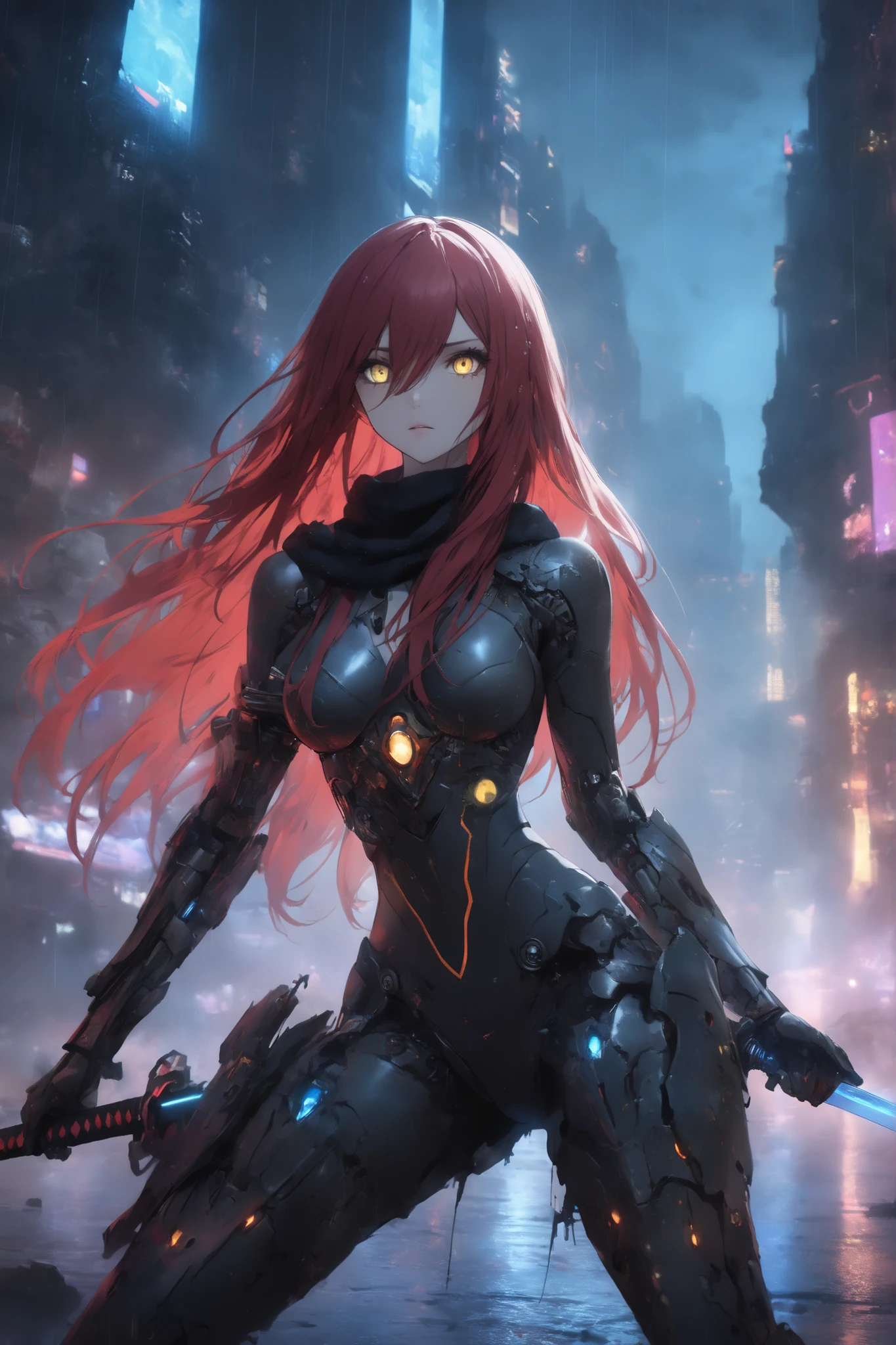 1 woman , golden eyes , very long hair , long sidelocks, red hair, petite , very cute , beautiful ,Straight hair, cool, handsome, hair between eyes, sexy, medium large breast, glowing eyes, black bodysuit, android girl, empty expression, wet, long flowing black scarf, night, raining, heavy rain, holding a laser katana, glowing blue neon laser sword, posing with her katana, light glow effect, blue light radiating from her sword,half destroyed face, mechanical inside,one missing arm, power cable protruding from the one missing arm, andorid girl, mechanical girl, fighting, defective armor, cracked armor, destroyed armor, broken machine city, skyscrapers, neon cyberpunk signs,((4k,8k,Ultra HD)),((Masterpiece :1.2)),((Best quality :1.2)),((Detailed :1.5)),((Detailed background :1.5))