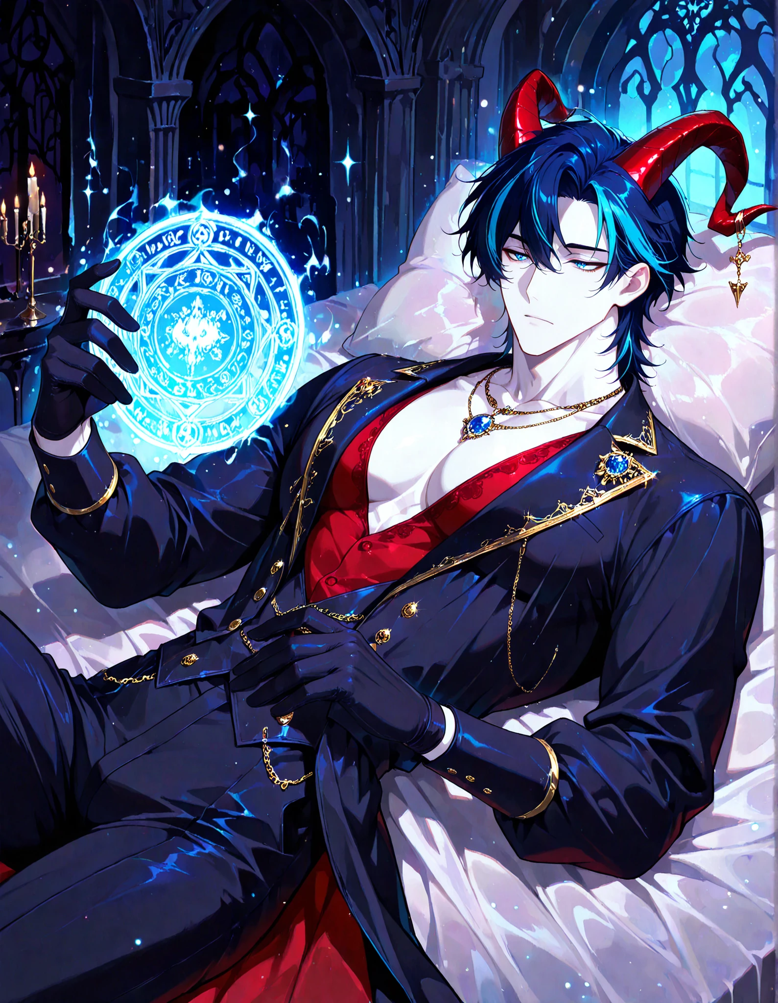 (masterpiece, best quality, highly detailed, mature) 1 man, solo, male focus, (streaked hair:1.5), dark blue hair, blue hair, short hair, blue eyes, necklaces, sexy man, handsome, solo, mature, sensual, pale skin, lean, cool, black gloves, victorian clothes, aristocrat, royal red clothes, dark red accent, indigo colored, indoors, serious, Egoat horns, demon pupils, beautiful male, dark background, castle, night, View from above, delicate, style, Anime, digital painting, soft shading, fantasy, Neon Pastel, Ethereal Art, UHD, best quality, high detail , dark aura glowing, lying on his back, in bed, bored facial expression, castle interior, luxurious, glittering, shiny, sparkling, magical, particles, dark atmosphere, magical aura, playing with magic circle,