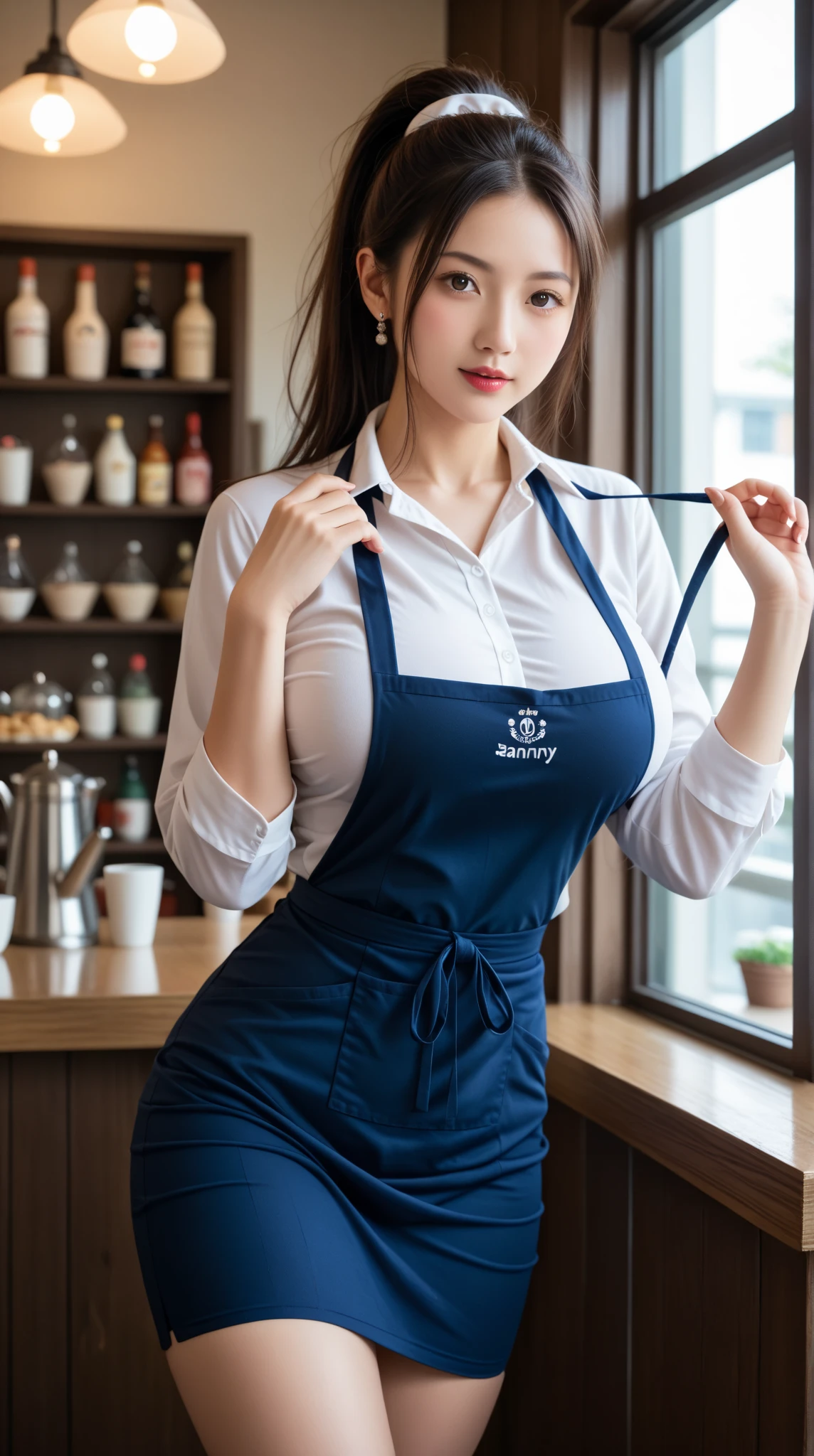 (4 k、top-quality)、(realisitic、Photorealsitic)、(Yakian)、
1girl in、独奏、fullllbody、(face to the viewer)、
perfect hand、perfect foot、up looking_で_the viewer、
whiteshirt、
in a house、natta、In front of the kitchen island、finerly detailed face、wearing round glasses、Slightly chubby、The best smile、White double teeth are visible、White ribbon、Light Brown Long Ponytail,(super gigantic breast, cleavage:1.2),(nude,(blue apron:1.2), apron over nude, naked:1.3), (Cameltoe),35 year old、Nogizaka Idol、actress、Korean Idol、hposing Gravure Idol,place one's arms behind one's back,raise both arm,(Aside)、