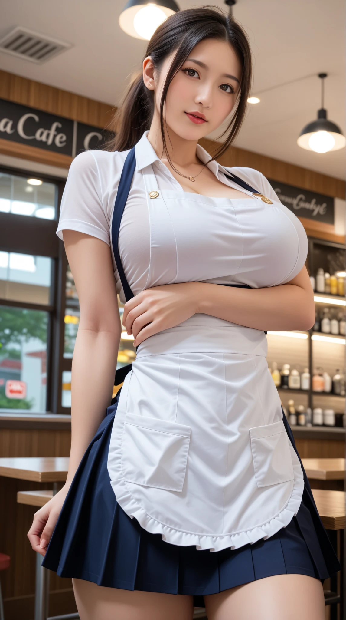 (8K, 超A high resolution, Best Quality, masutepiece:1.2),(18year old:1.2)、(huge smile)、(Look away)、8K、RAW portrait of japanese girl、Photorealsitic、超A high resolution、top-quality、(Nipple protrusion:1.8) (huge-breasted、Close all buttons on the shirt:1.3),(student clothes、Pure White Cutter Shirt、Dark blue pleated mini skirt:1.5)、(From directly below:1.3)、Put your hands behind your head、(Inside a convenience store:1.2) BREAK (Natural Skin Texture、Detailed skin、Hyper-Realism、ultra sharpness)、intricate detailes、depth of fields、Japan idol system、hposing Gravure Idol、Gal、爆乳、a short bob、(Large thigh opening:1.2)、voluptuous breasts、big eye、Thin makeup、bangss、Eye lashes、Crisp double、cheerful look、Dainty schoolgirl、Pure White Cutter Shirt、(Showing off a black ultra-thin T-bag:1.2)、(Squat:1.5)、(Put a white shirt inside the skirt:1.1)、Show the armpits、Black loafers、(Flashy ultra-fine T-back with small area:1.5)、(recess in the areola with protruding areola:1.4)、portlate、Perfect Angle Pro Quality High Resolution Perfect Contrast Perfect Lighting Perfect Composition Perfect Wife Perfect Skin Perfect Hands Perfect Fingers Perfect Chest Perfect Hair Perfect Face Realistic Facial Feature Masterpiece(Black stockings)