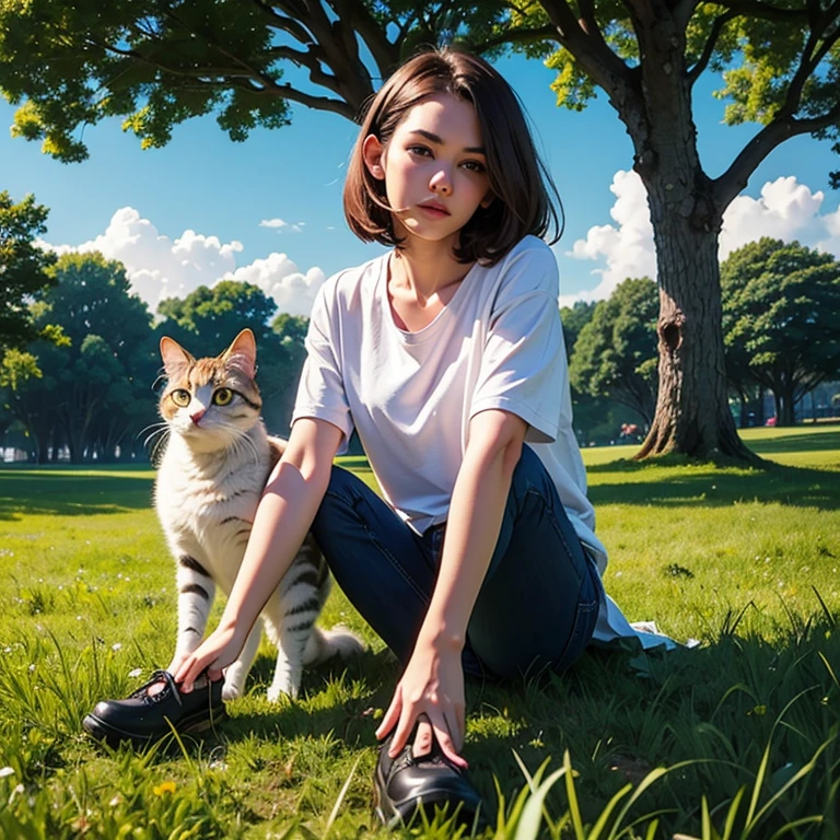 (best quality,4k,8k,highres,masterpiece:1.2), ultra-detailed, (realistic,photorealistic,photo-realistic:1.37), A girl with black short hair, wearing a gray vest and pants, lying on the branches of a tree in a forest, laughing while hugging the trunk. There is a small cat sitting beside her and a small creek flowing under the tree. Medium: Illustration. Additional details: Sunlight filters through the leaves, creating a beautiful dappled light pattern on the girl's face. The tree branches have lush green leaves and delicate twigs. The girl's eyes are shimmering with joy and she has a contagious smile. The cat has soft fur and bright eyes, curiously observing its surroundings. The creek water is clear and reflects the surrounding nature. The forest is filled with tall trees, creating a serene and peaceful atmosphere. Colors: Soft, natural tones with a touch of warm sunlight. Lighting: Soft golden hour light, casting gentle shadows and creating a tranquil ambiance.