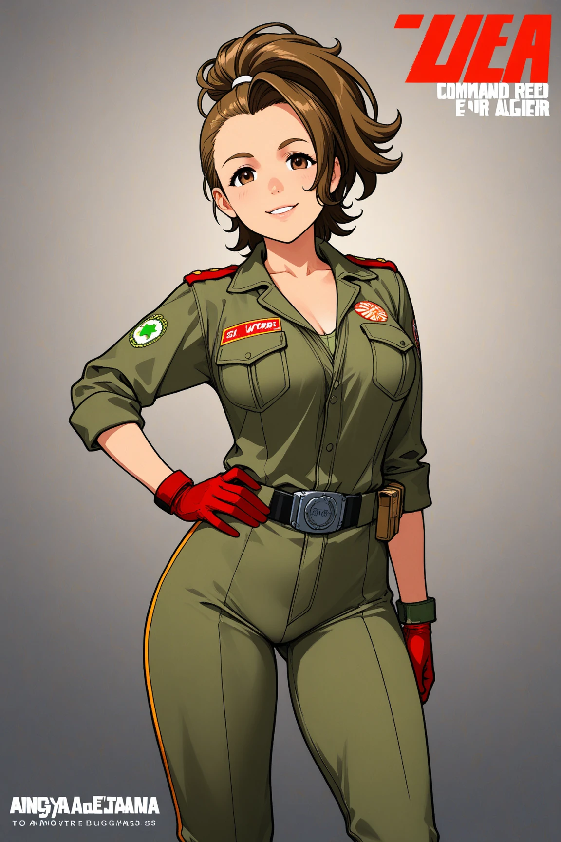 (1 girl) asian girl, bobcut hairstyle, 2 toned Brown hair, medium bust, schoolar uniform, serious face, munching spearmint gum, pink eyes