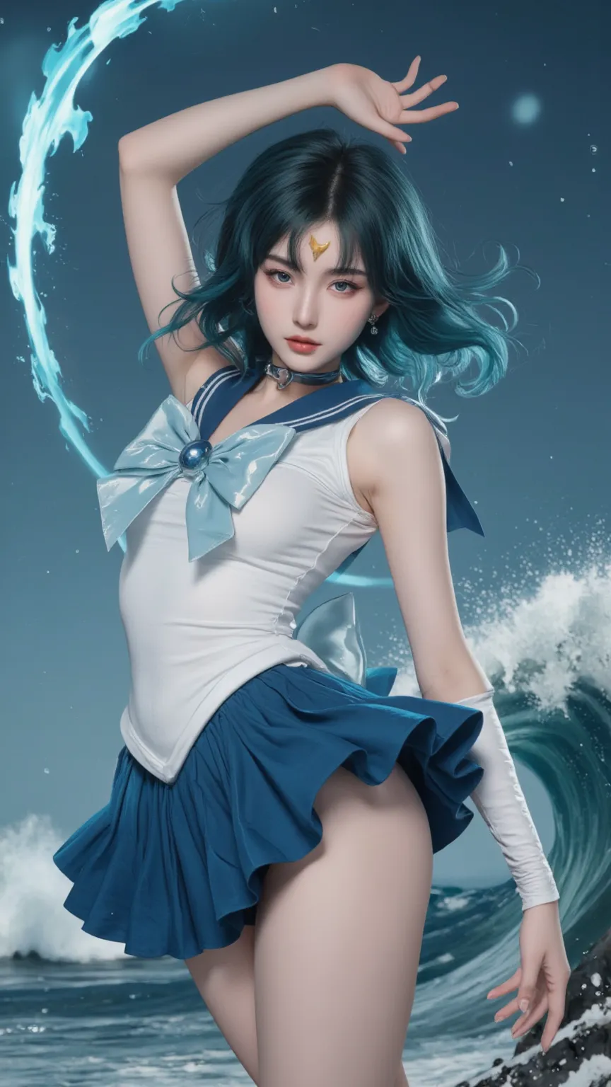 1girl,breasts,gloves,lips,solo,sailor mercury,blue eyes,smuniform,mer1,tiara,sailor senshi uniform,(RAW photo, best quality),masterpiece,absurdres,<lora:mercury_v2:0.8>,sexy,floating short blue hair,blue sailor collar,bow,(knee boots:1.1),choker,white gloves,blue choker,elbow gloves,jewelry,earrings,blue skirt,sole,full body,blue hair,(prefect drawn hands):3.8,octane rendering,godness of water,