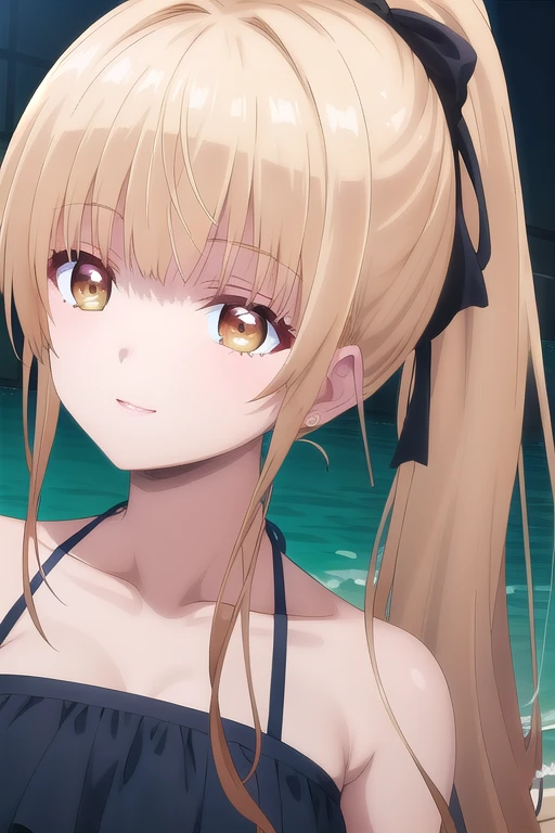 (masterpiece, highest quality:1.2), Blonde girl with red eyes,
Side Ponytail, Full Bang, bikini, arched back
,Embarrassed, Pool,
Super detaileded, highest quality, Expressive eyes, Perfect Face, super high quality, Super detailed