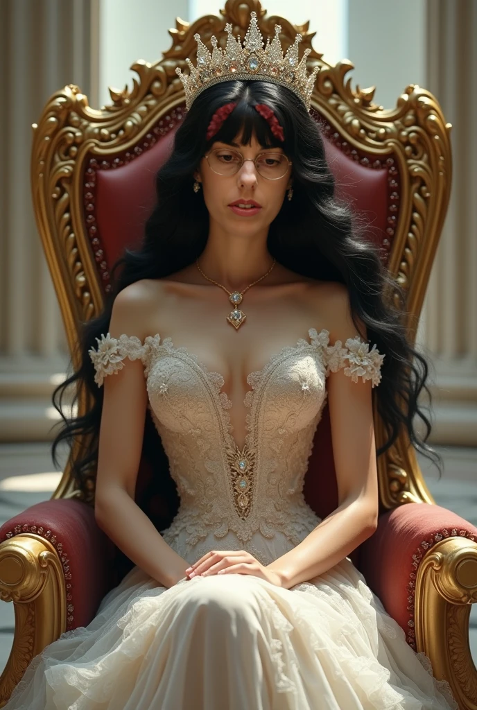 1girl, solo, red eyes, black hair, low tied long hair, crown, white dress, harness, sleeveless dress, long dress, bracelet, ballroom, red carpet, mansion, chandelier, looking at you, breasts,
photorealistic, 64k, ultra realistic, Unreal Engine 5.