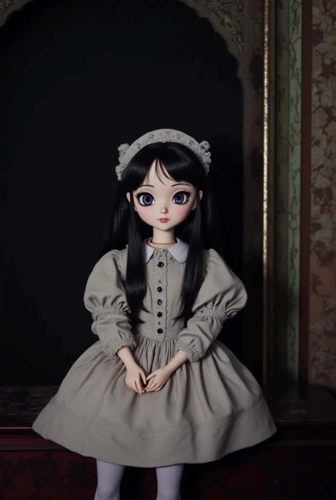 Blythe doll with semi long hair with bangs brown eyes and white skin, slim body and black dress, single head star earrings