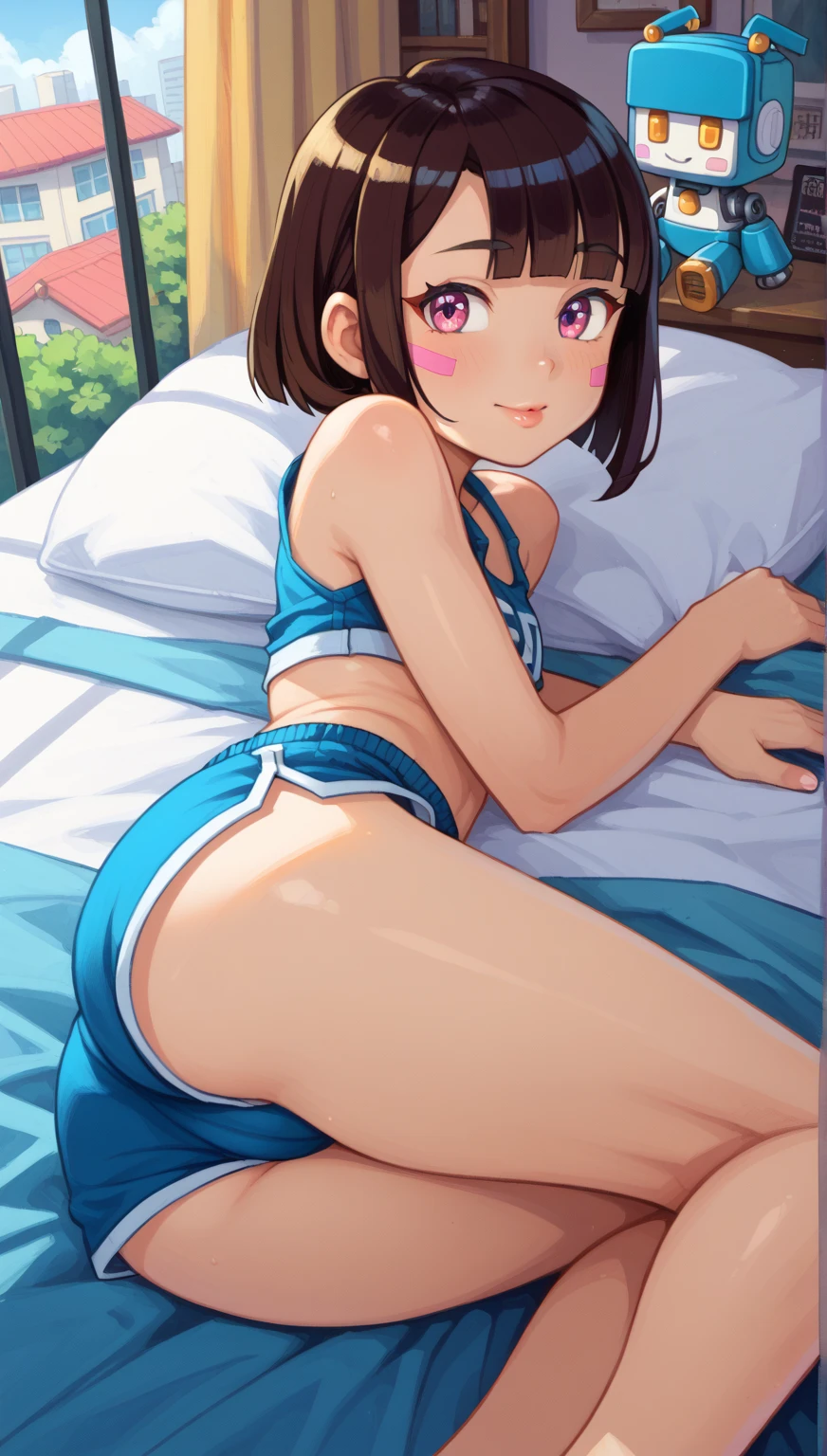 ((Masterpiece)), (Best Quality), subaru_bikini, striped bikini, bow hairband, two-tone jacket, barefoot, (NSFW: 1.3), full body, solo