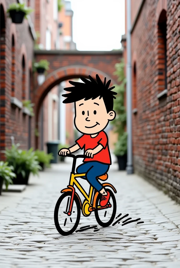 beijihui,A cartoon boy is riding a bicycle. The background shows a real shot of brick alley walls,

