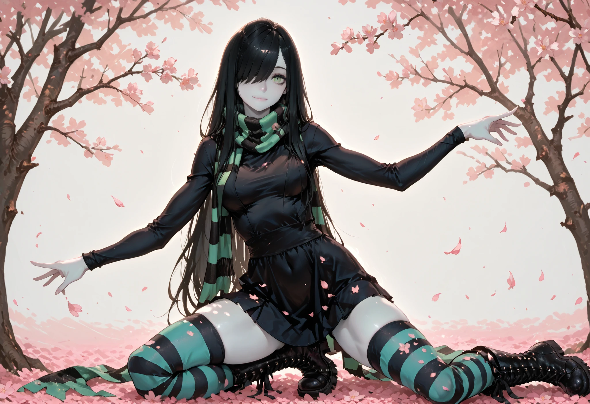 score_9_up, score_8_up, score_7_up, score_6_up, source_anime, 1girl, staring ahead, looking at viewer, highly detailed, beautiful background, beautiful art, beautiful lighting, long slim legs, Fitness model, zal, (SuperQuality:1.0), ariawm, fit skinny girl, micro stripped pantie, hair over one eye, long black hair, green eyes, pale skin, stripped scarf, stripped thighhighs, heavy boots, walk under cherry blossom trees, blossom leafs in air, accurate hands and fingers, small black dress, she raised her head up, a slight smile, spread her arms to the side and catches the petals