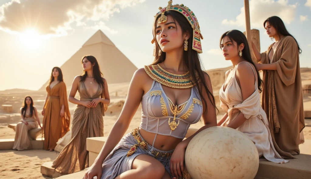 8k, top quality, finish: 1.2), (realistic, photo-realistic: 1.37), highly detailed, (1000 girls), This realistic image shows a large group of sexy Egyptian women, wearing typical Egyptian bikinis, walking in the middle of the Egyptian pyramids. The women in the picture are fair-skinned and appear to have different ages and slim body shapes. wearing typical Egyptian women's headbands The atmosphere of this picture looks like a parade or a special event involving many female participants. everyone looks , breasts, beautiful eye details, (bikini: 1.1), ((sexy)), curvy body, (full body), sitting, sexy,