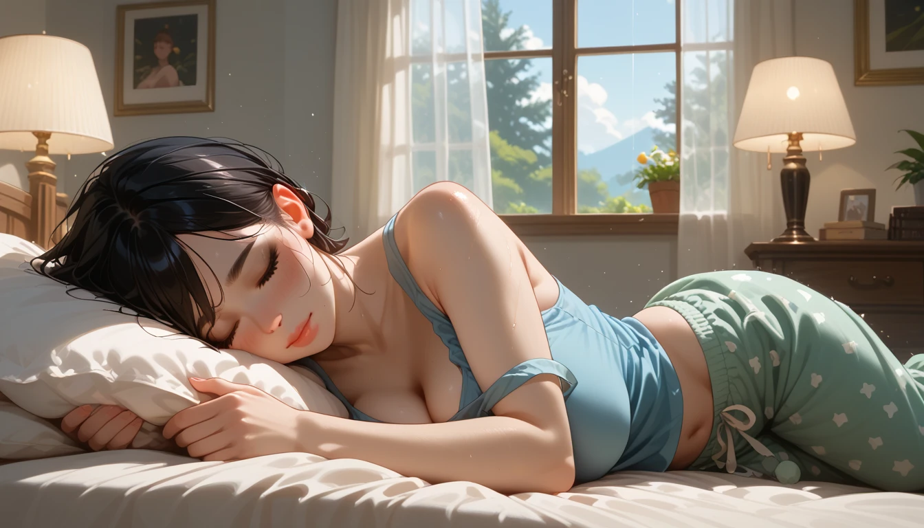 A woman sleeping with her eyes closed on a pillow while showing her breasts and buttocks on a rainy night