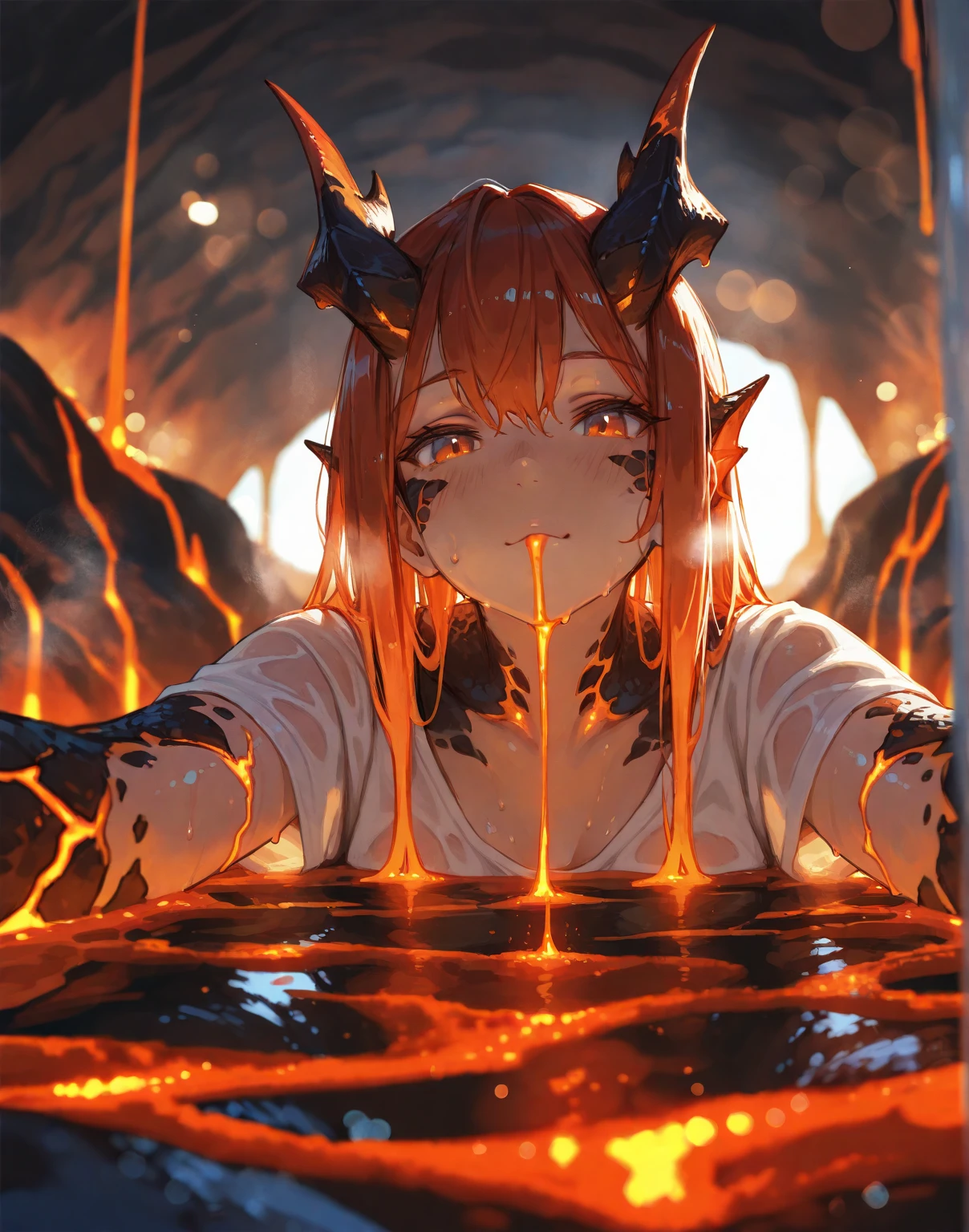 (Golden ratio:1.2),[(Colorless background:1.4)::10],(Masterpiece), (Best quality), (Ultra detailed),(Disheveled hair),(illustration),(Multiple girls:1.3),full bodyesbian,Slime girl,(Transparent red skin:1.2),Orange-yellow eyes,crossed bangs,wavy and long hair,Small breasts,Bare legged,Bare legged,(Appears near a pile of lava bubbling rocks:1.2)+(There are volcanic eruptions in the distance:1.3)+[(Inception:1.2)],（Very detailed CG unity 8K wallpaper），hyper HD, retinas, Anatomically correct, Textured skin, Super detail, Best quality, A high resolution,（Very detailed CG unity 8K wallpaper）