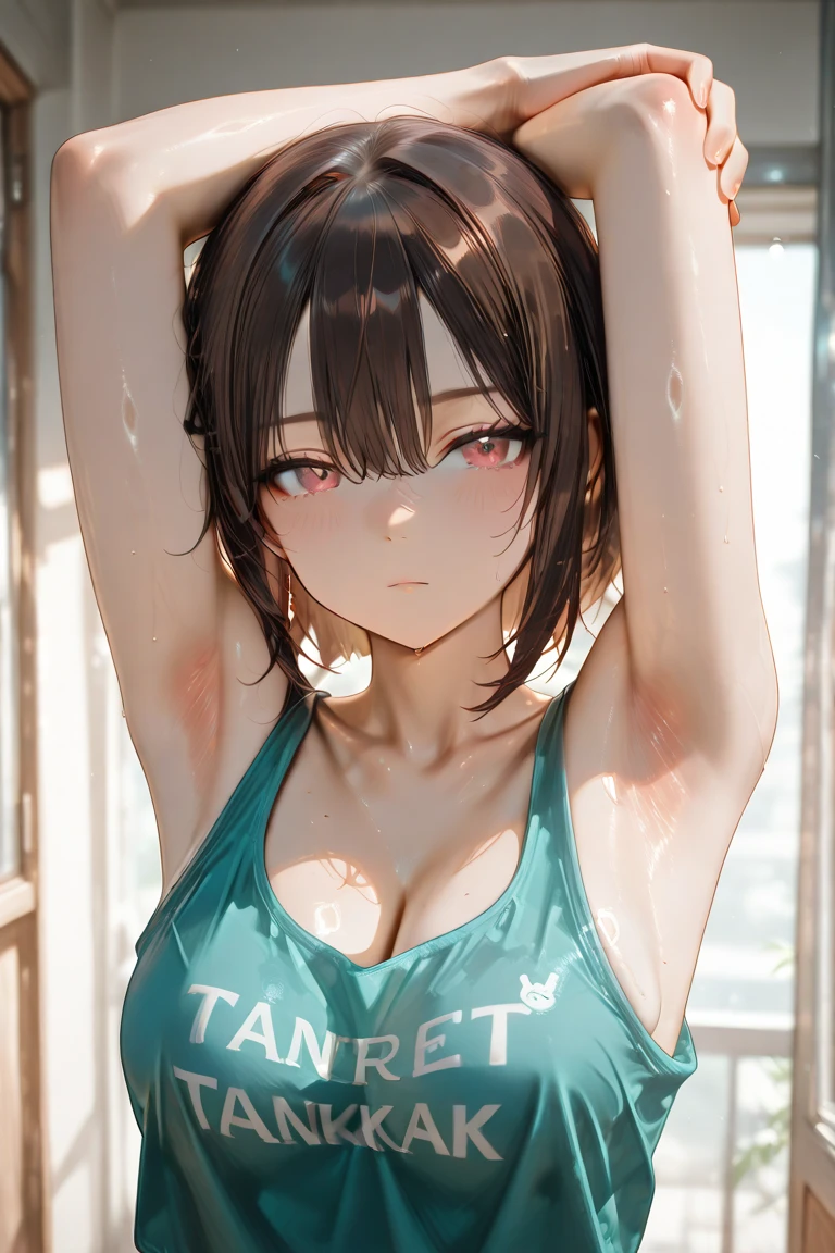 girl, sweat, medium breast, shy, detailed hand, looking at viewer, dynamic shadows, slight smile