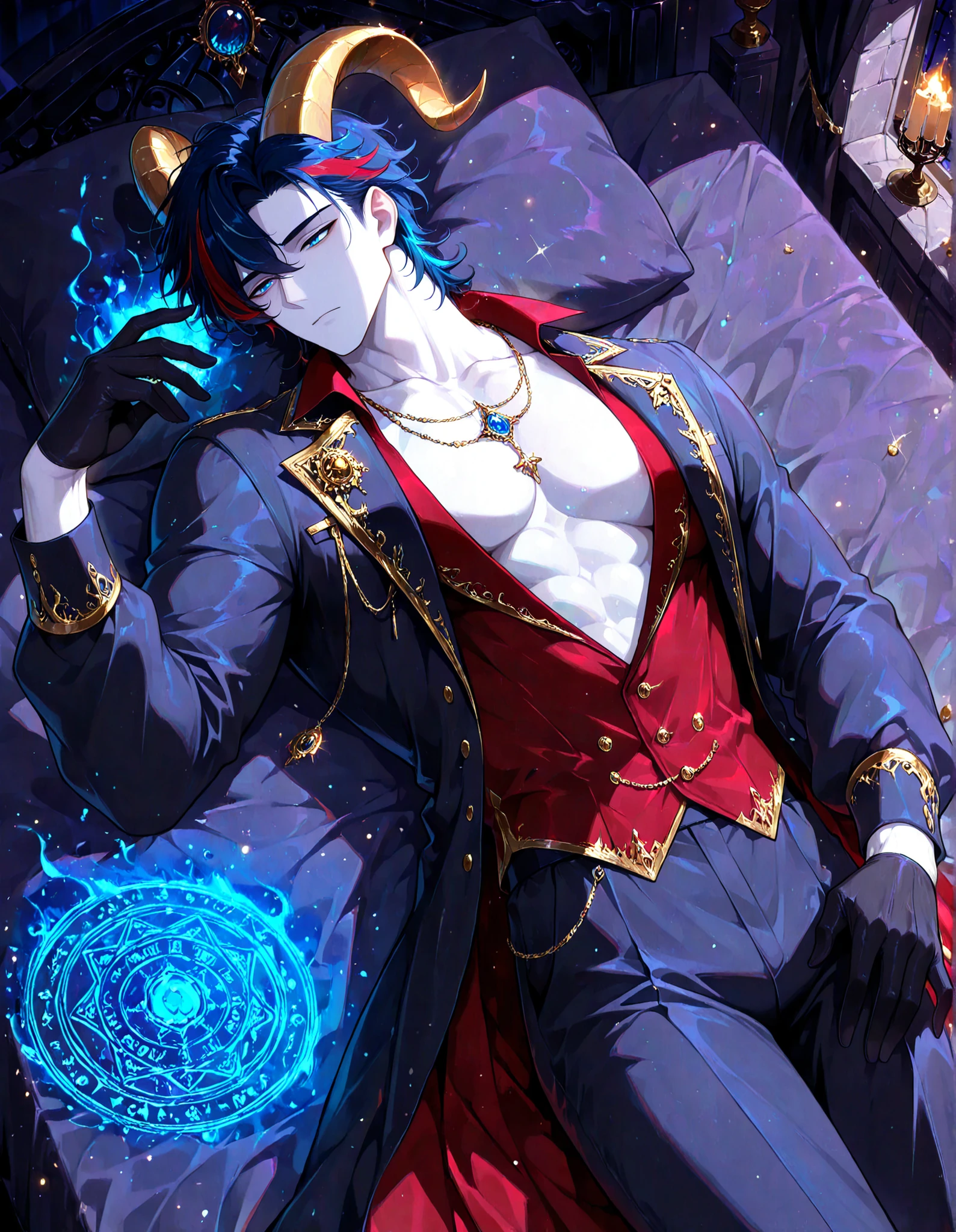 (masterpiece, best quality, highly detailed, mature) 1 man, solo, male focus, (streaked hair:1.5), dark blue hair, blue hair, short hair, blue eyes, necklaces, sexy man, handsome, solo, mature, sensual, pale skin, lean, cool, black gloves, victorian clothes, aristocrat, royal red clothes, dark red accent, indigo colored, indoors, serious, Egoat horns, demon pupils, beautiful male, dark background, castle, night, View from above, delicate, style, Anime, digital painting, soft shading, fantasy, Neon Pastel, Ethereal Art, UHD, best quality, high detail , dark aura glowing, lying on his back, in bed, bored facial expression, castle interior, luxurious, glittering, shiny, sparkling, magical, particles, dark atmosphere, magical aura, playing with magic circle,