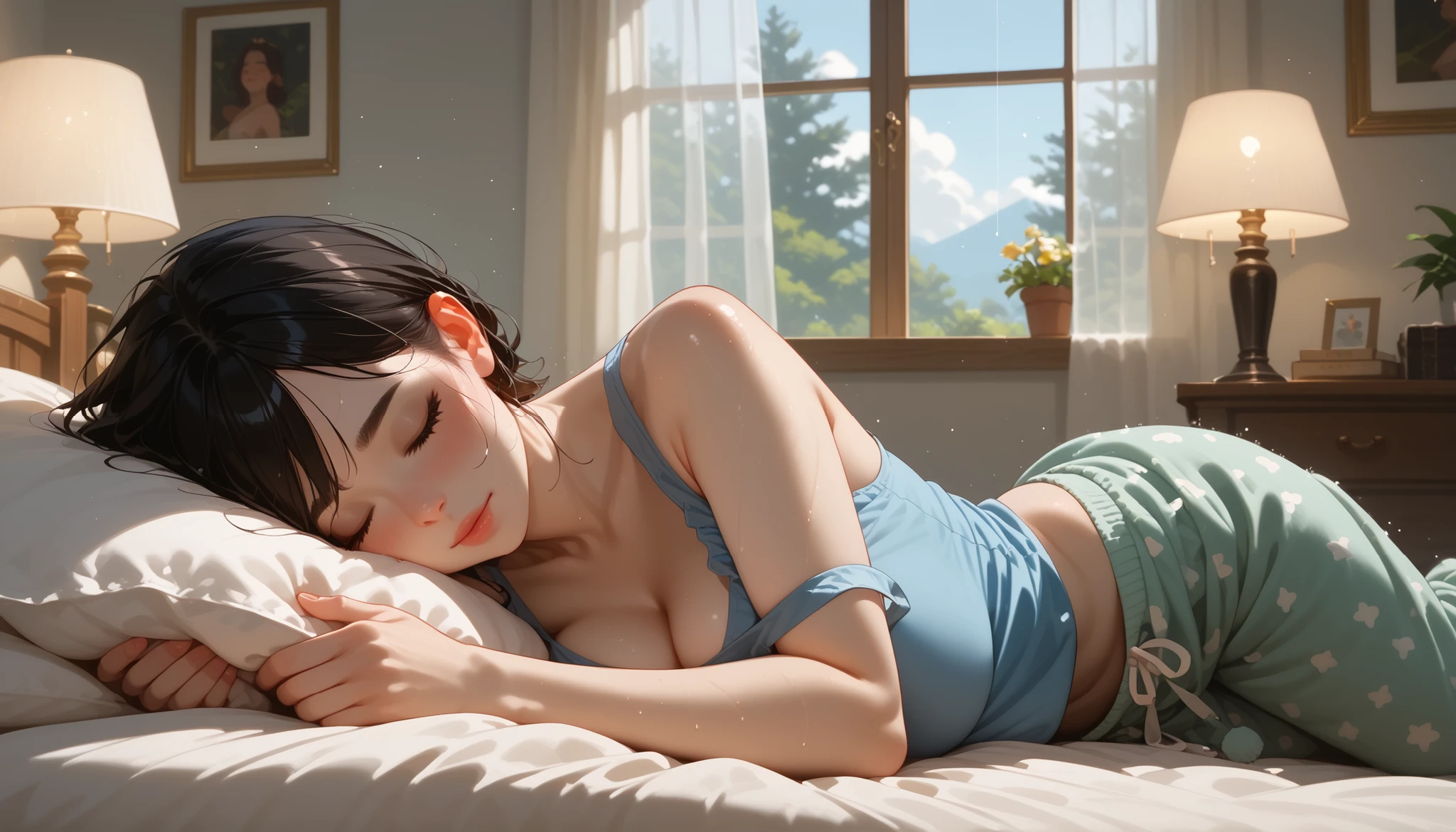 A girl with a nice body and nice breasts is asleep under several fluffy blankets, curled up in bed as the rain falls outside. Her perfect face is peaceful, her perfect eyes closed. She wears a tank top and pajama pants, embraced by cinematic shadows and soft lighting from a bedside lamp.


