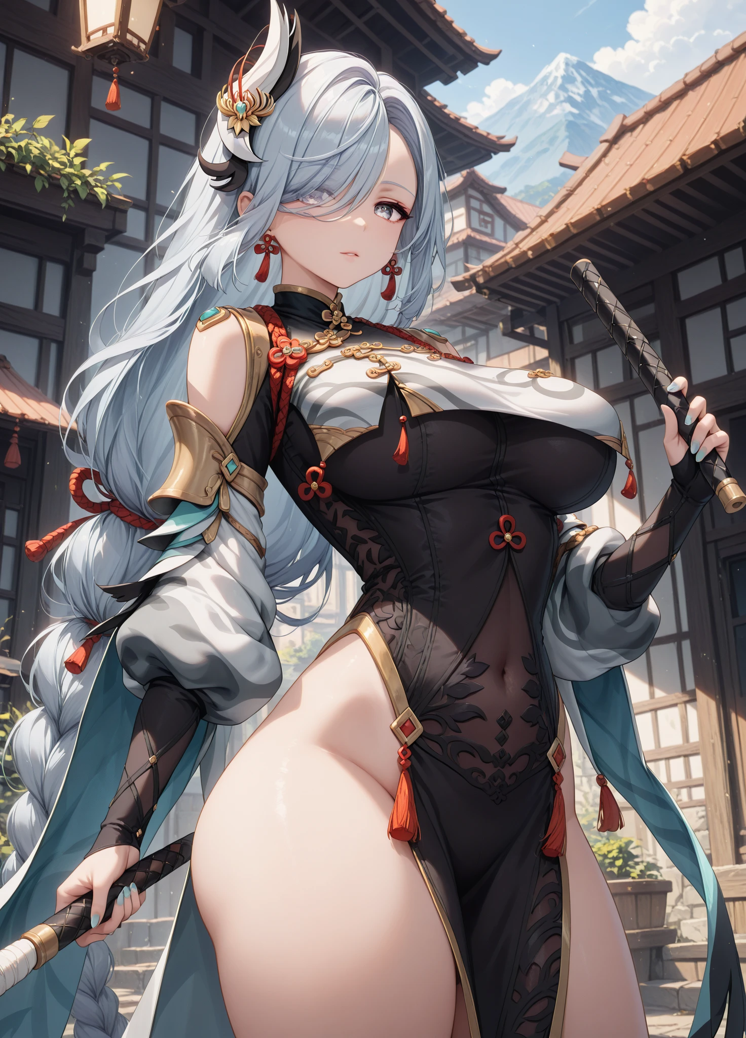 1 girl, single girl, cute, long white hair, light blue eyes, big breasts, big hips, marrying woman, querrera woman, tribal lansa in hand, Amasonica tribal clothing, clothes with hair, Amasonica leather tribal clothing, hair in leather, torn fabric, in a snowy forest, snow