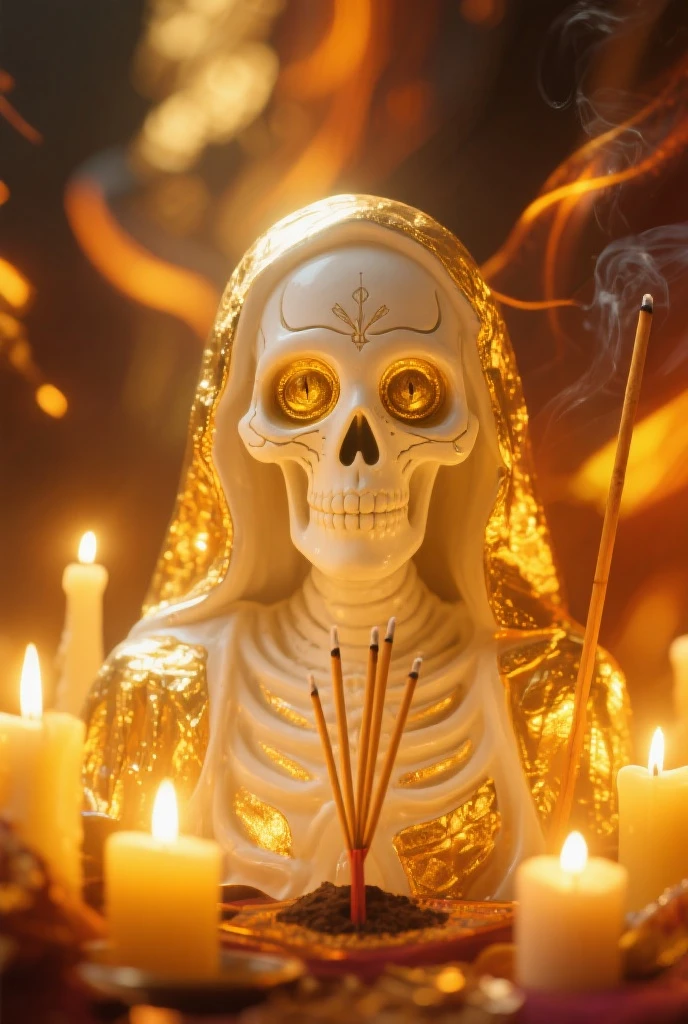 Full body Santa Muerte, with half of the face covered in white skin and has one eye closed, the other half of the face is bone , Holding an hourglass in his left hand, In his right hand he holds a sphere that represents the world, with golden cloak, tunica, Color, Gold and white, behind her, the infinity symbol, de Color amarillo y dorado.